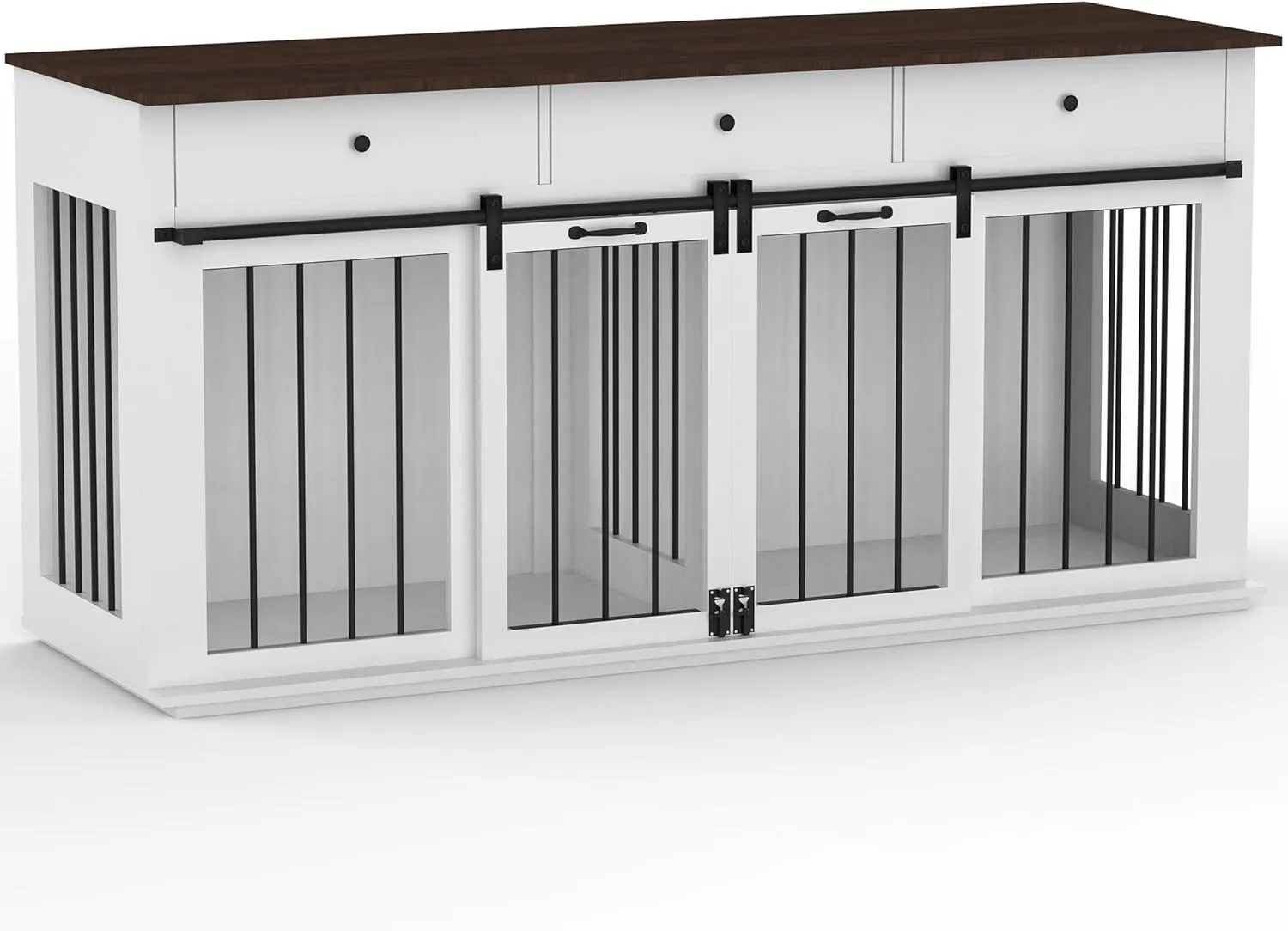 Dog Crate Indoor Furniture for 2 Dogs, 71.6'' Dog Kennel with 3 Drawers and Sliding Doors, Heavy Duty Wooden Cage for Large Medium Small, White
