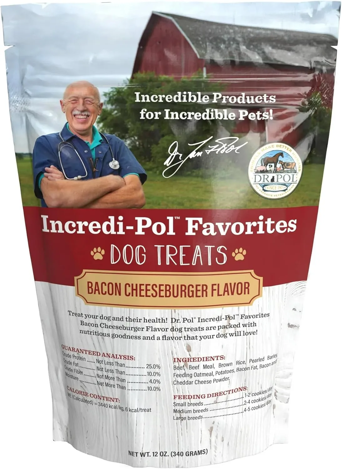 Dr. Pol Healthy All Natural Dog Treats - Incredi-Pol Pet Treats Made in USA, Dog Biscuits, Large or Small Dogs, Baked Puppy Training Biscuits, No Corn, Gourmet, Bacon Cheeseburger, 12oz