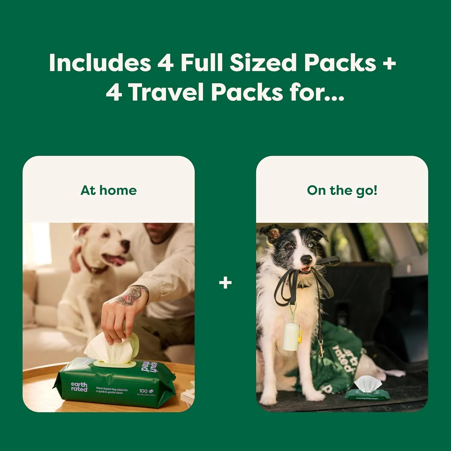 Earth Rated Hypoallergenic Dog Grooming Wipes for at Home & On-The-Go, for Paws, Body & Butt, Includes 4 Travel and Full Sized Packs, 440 Count