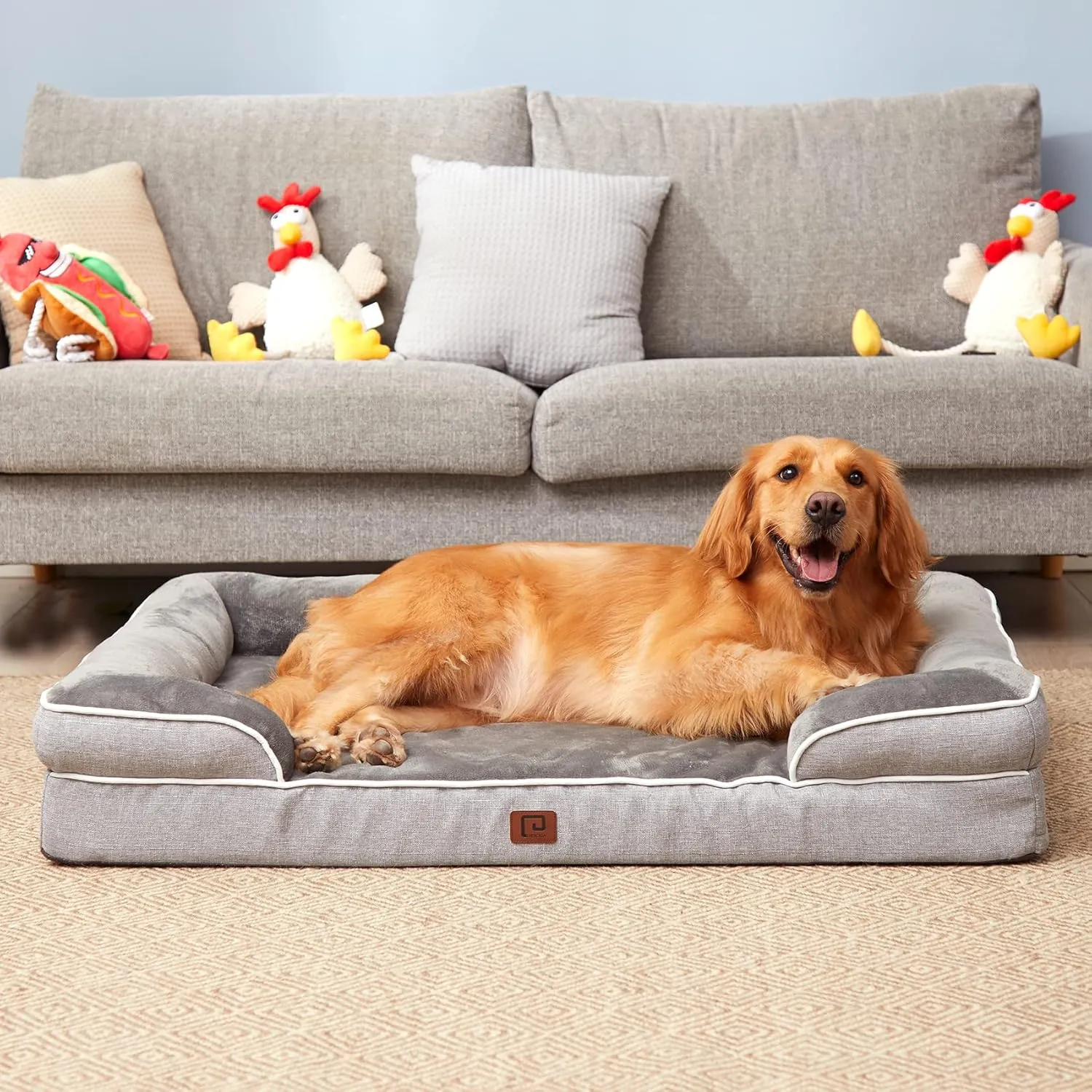EHEYCIGA Orthopedic Dog Beds for Large Dogs, Waterproof Memory Foam Large Pet Bed with Sides, Non-Slip Bottom and Egg-Crate Foam Dog Couch Bed with Washable Removable Cover, Grey