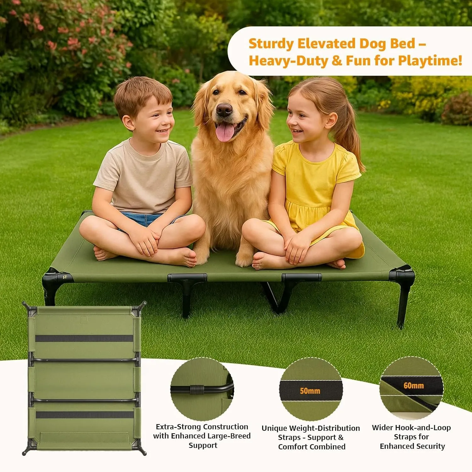 Elevated Dog Beds Extra Large Sized Dog, Raised Outdoor Bed Waterproof and Washable Canvas, Chew Proof Indoor Pet Hammocks, Green