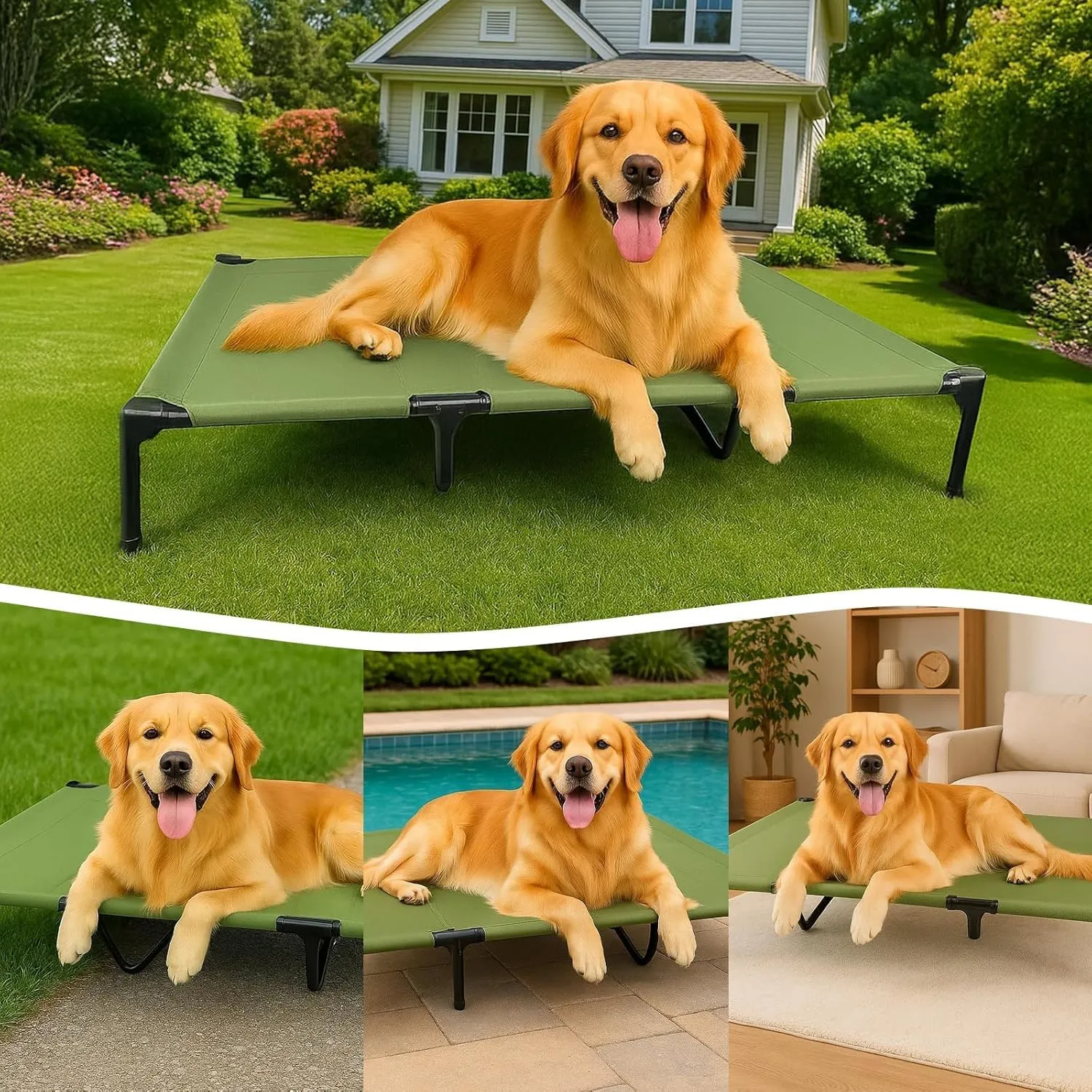 Elevated Dog Beds Extra Large Sized Dog, Raised Outdoor Bed Waterproof and Washable Canvas, Chew Proof Indoor Pet Hammocks, Green