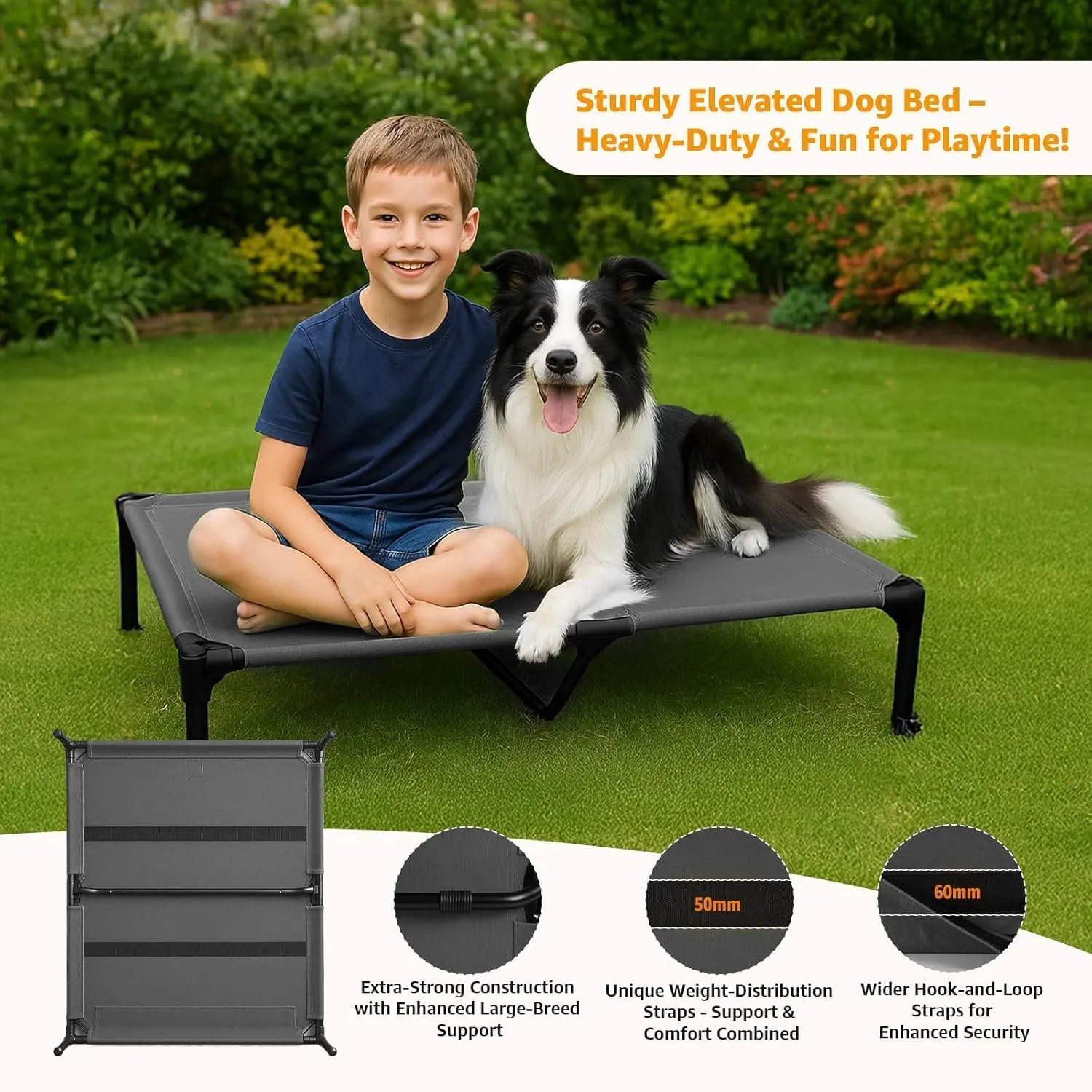 Elevated Dog Beds Large Sized Dog, Raised Outdoor Bed Waterproof and Washable Canvas, Chew Proof Indoor Pet Hammocks, Dark Grey