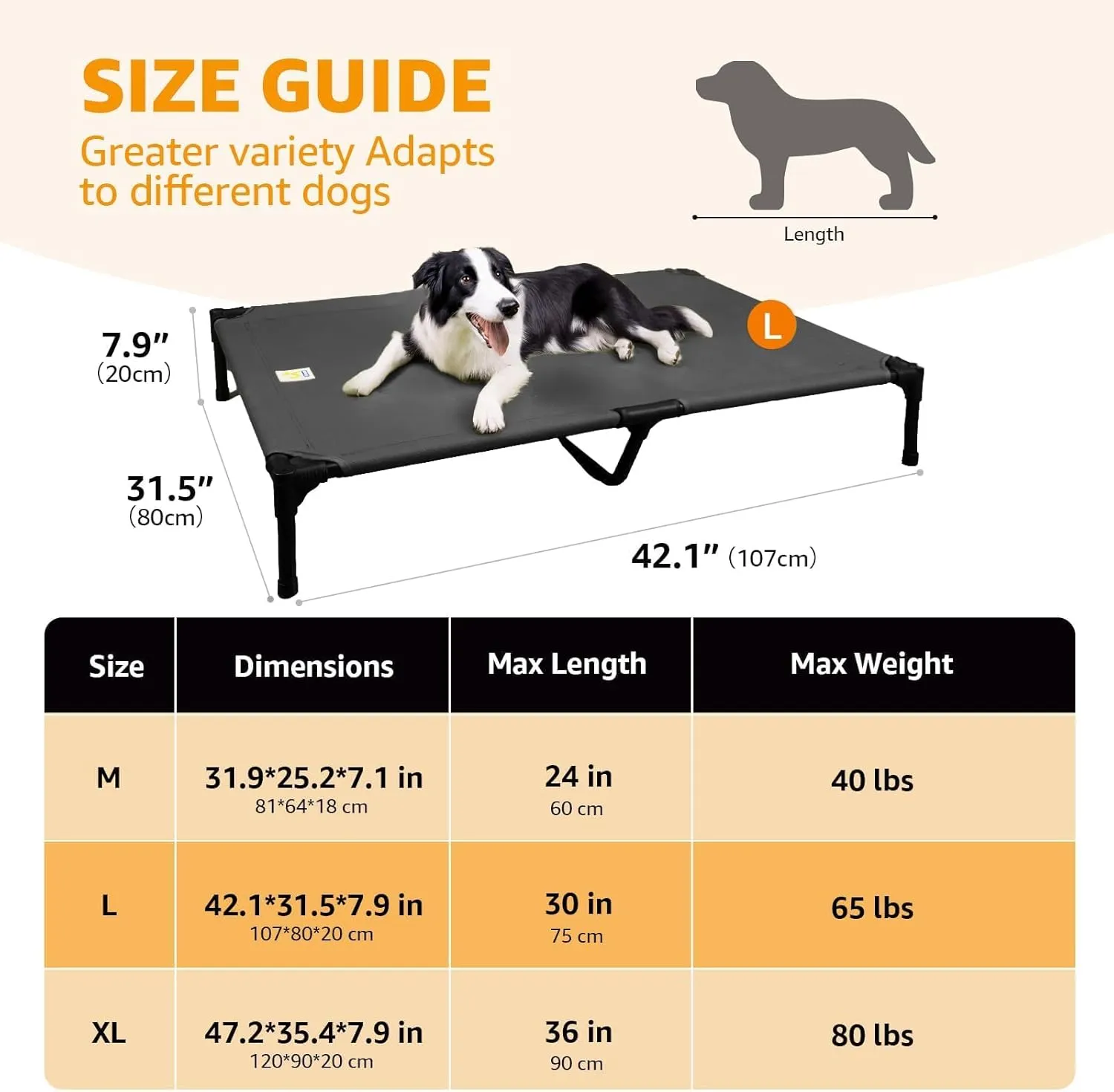 Elevated Dog Beds Large Sized Dog, Raised Outdoor Bed Waterproof and Washable Canvas, Chew Proof Indoor Pet Hammocks, Dark Grey