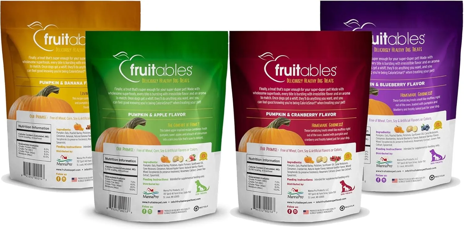 Fruitables Baked Dog Treats Variety 4 Pack (Pumpkin & Apple, Banana, Blueberry, Cranberry) - 7 oz (4 Pack)