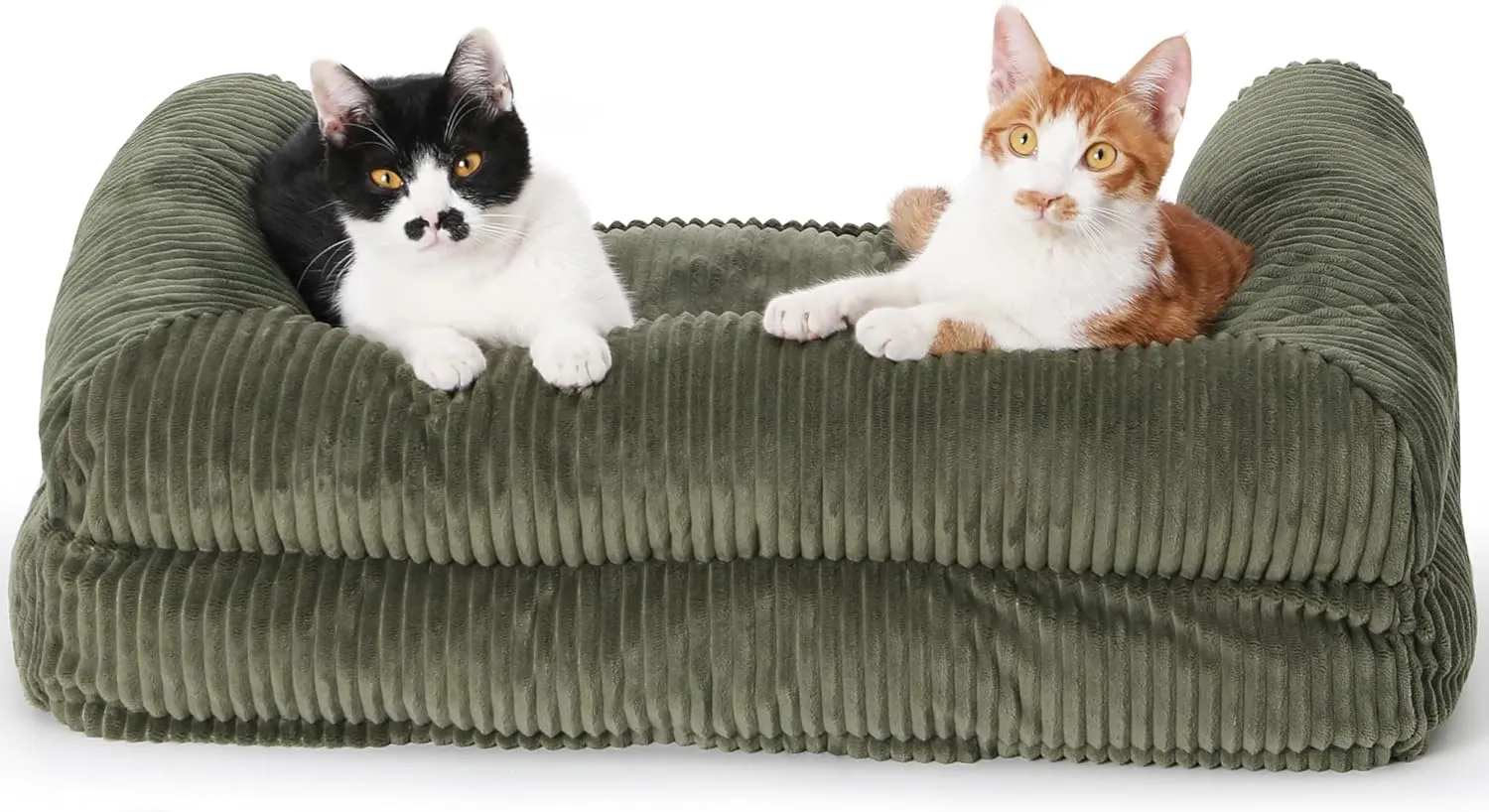FUKUMARU Cat Couch Bed, Corduroy Cozy Cat Bed for Indoor Cats with Removable Washable Cover, Supportive Anti-Slip Dog Beds Sofa for Small Dogs Cute, 27inch, Medium, Green