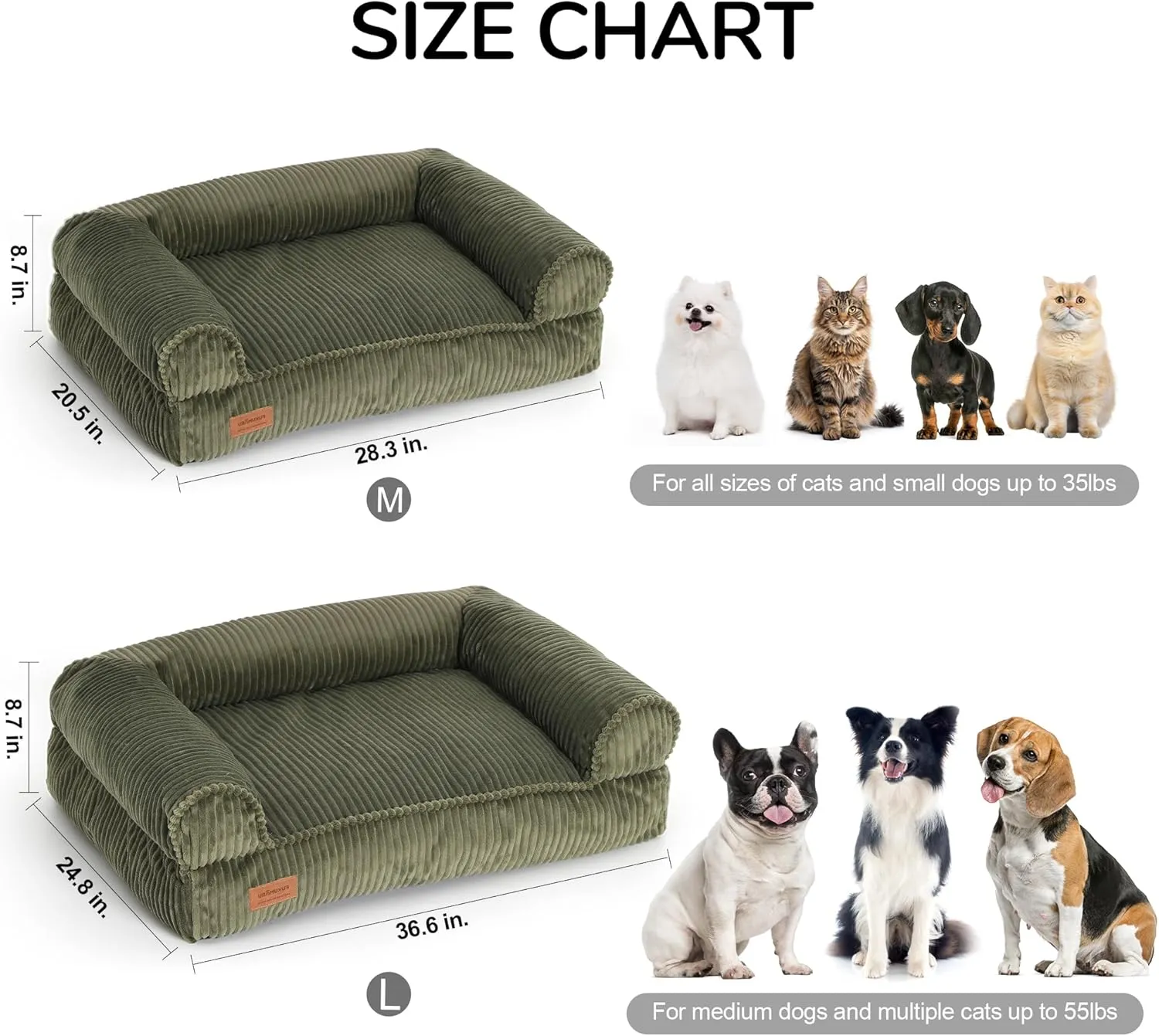 FUKUMARU Cat Couch Bed, Corduroy Cozy Cat Bed for Indoor Cats with Removable Washable Cover, Supportive Anti-Slip Dog Beds Sofa for Small Dogs Cute, 27inch, Medium, Green