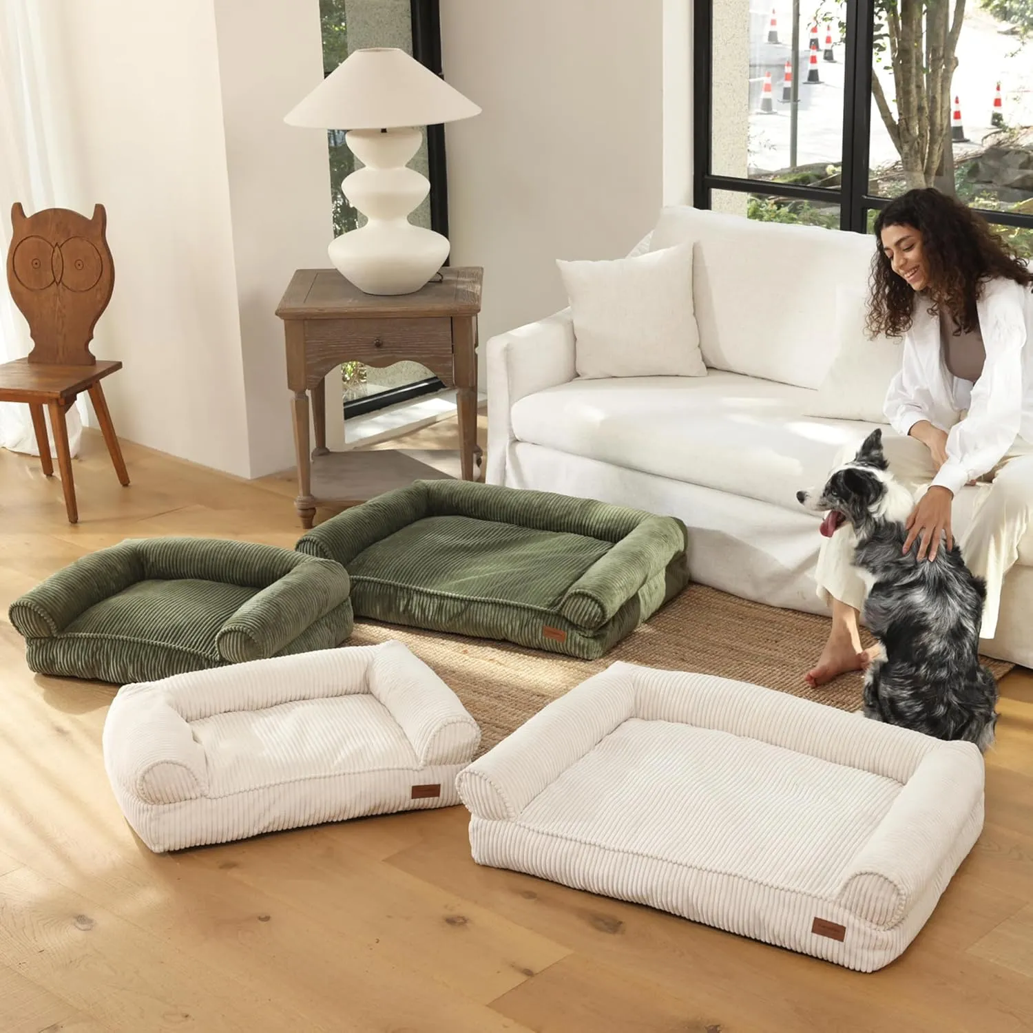FUKUMARU Cat Couch Bed, Corduroy Cozy Cat Bed for Indoor Cats with Removable Washable Cover, Supportive Anti-Slip Dog Beds Sofa for Small Dogs Cute, 27inch, Medium, Green