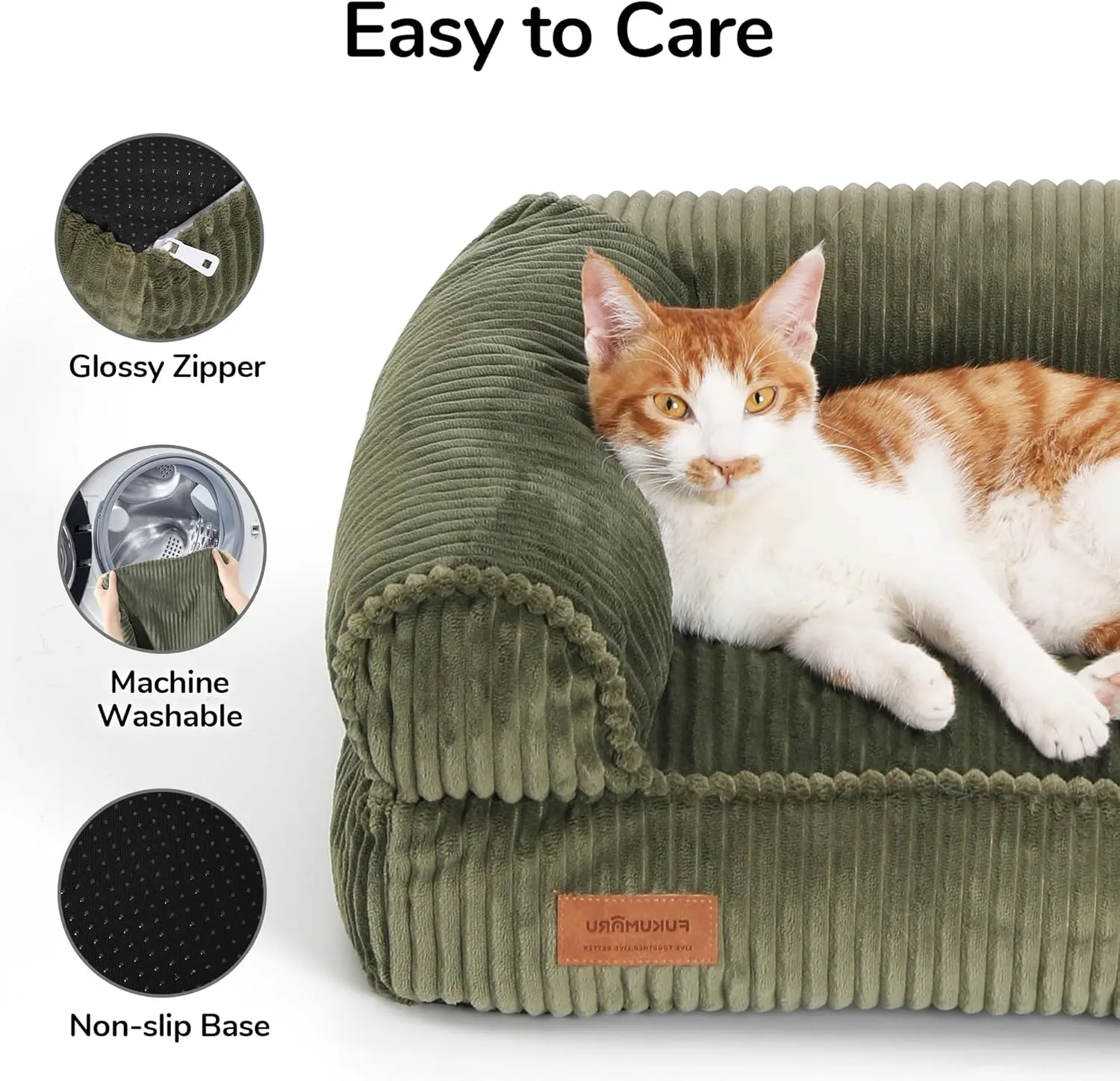 FUKUMARU Cat Couch Bed, Corduroy Cozy Cat Bed for Indoor Cats with Removable Washable Cover, Supportive Anti-Slip Dog Beds Sofa for Small Dogs Cute, 27inch, Medium, Green