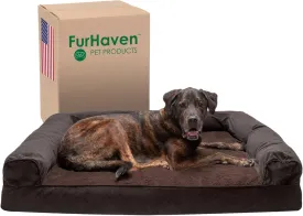 Furhaven Memory Foam Dog Bed for Large Dogs w/ Removable Bolsters & Washable Cover, For Dogs Up to 125 lbs - Sherpa & Chenille Sofa - Coffee, Jumbo Plus/XXL