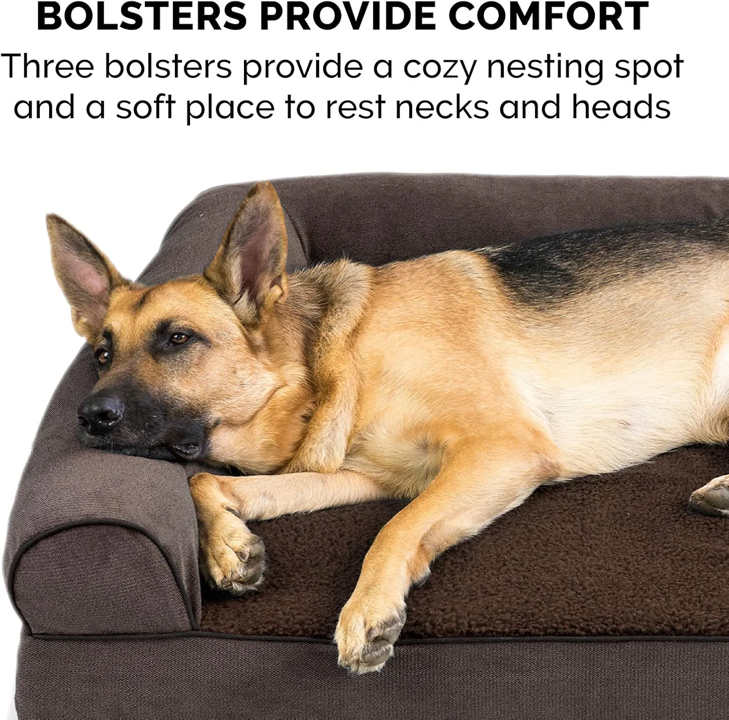 Furhaven Memory Foam Dog Bed for Large Dogs w/ Removable Bolsters & Washable Cover, For Dogs Up to 125 lbs - Sherpa & Chenille Sofa - Coffee, Jumbo Plus/XXL
