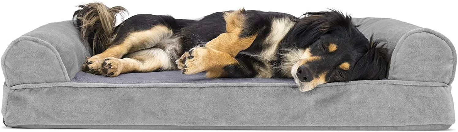 Furhaven Orthopedic Dog Bed for Medium/Small Dogs w/ Removable Bolsters & Washable Cover, For Dogs Up to 35 lbs - Faux Fur & Velvet Sofa - Smoke Gray, Medium