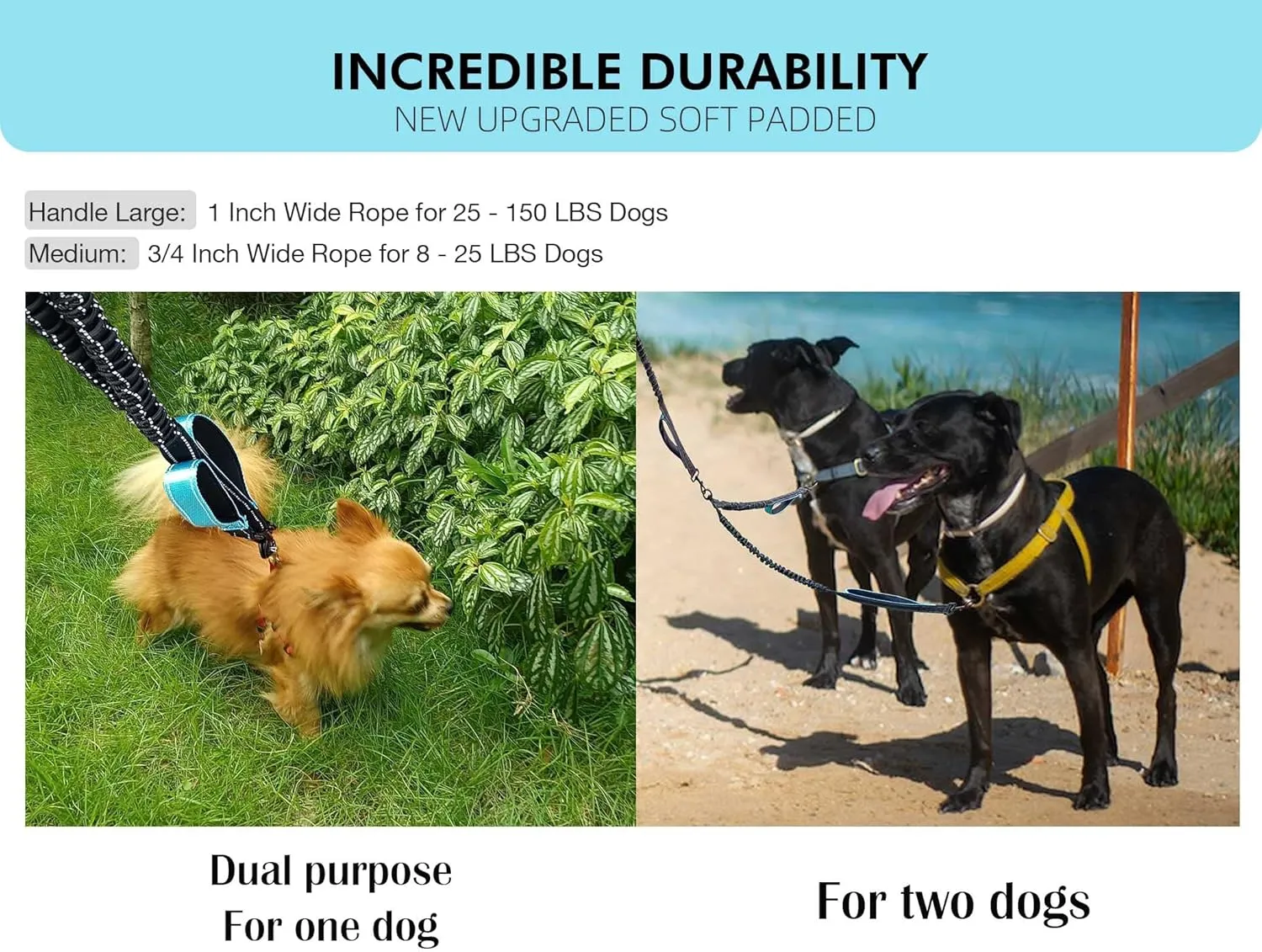 Hands Free Dog Leash, Double Dog Leash for Comfortable Walking Jogging Training Hiking, Long Padded No Tangle 360 Swivel Clasp Adjustable Dual Lead Leashes