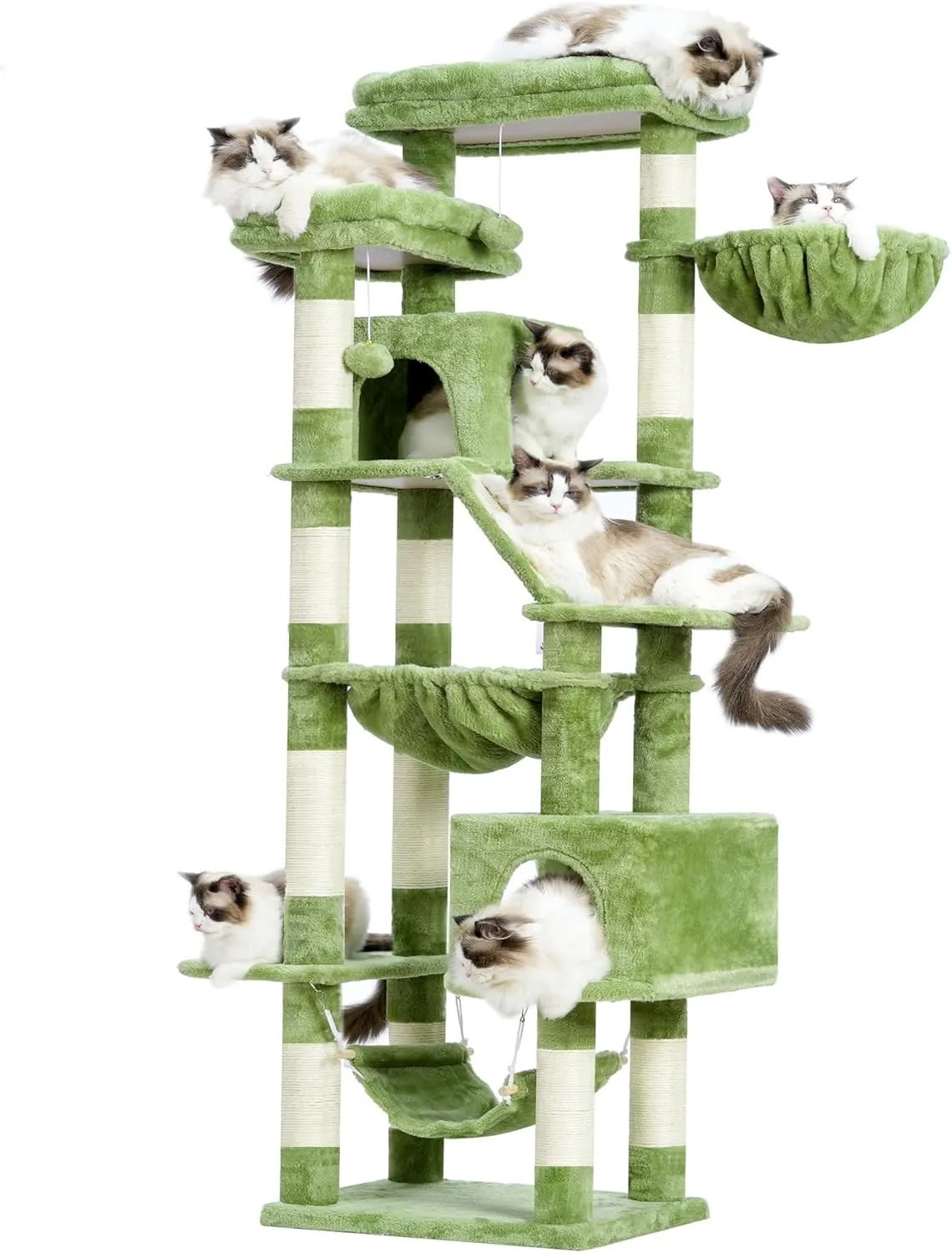 Heybly Cat Tree71-Inch Tall Tower for Indoor Cats with 2 Perches, 2 Big Condos, 2 Hammocks, Basket, Scratching PadLarge Cat Furniture and Condo, Green HCT034GR