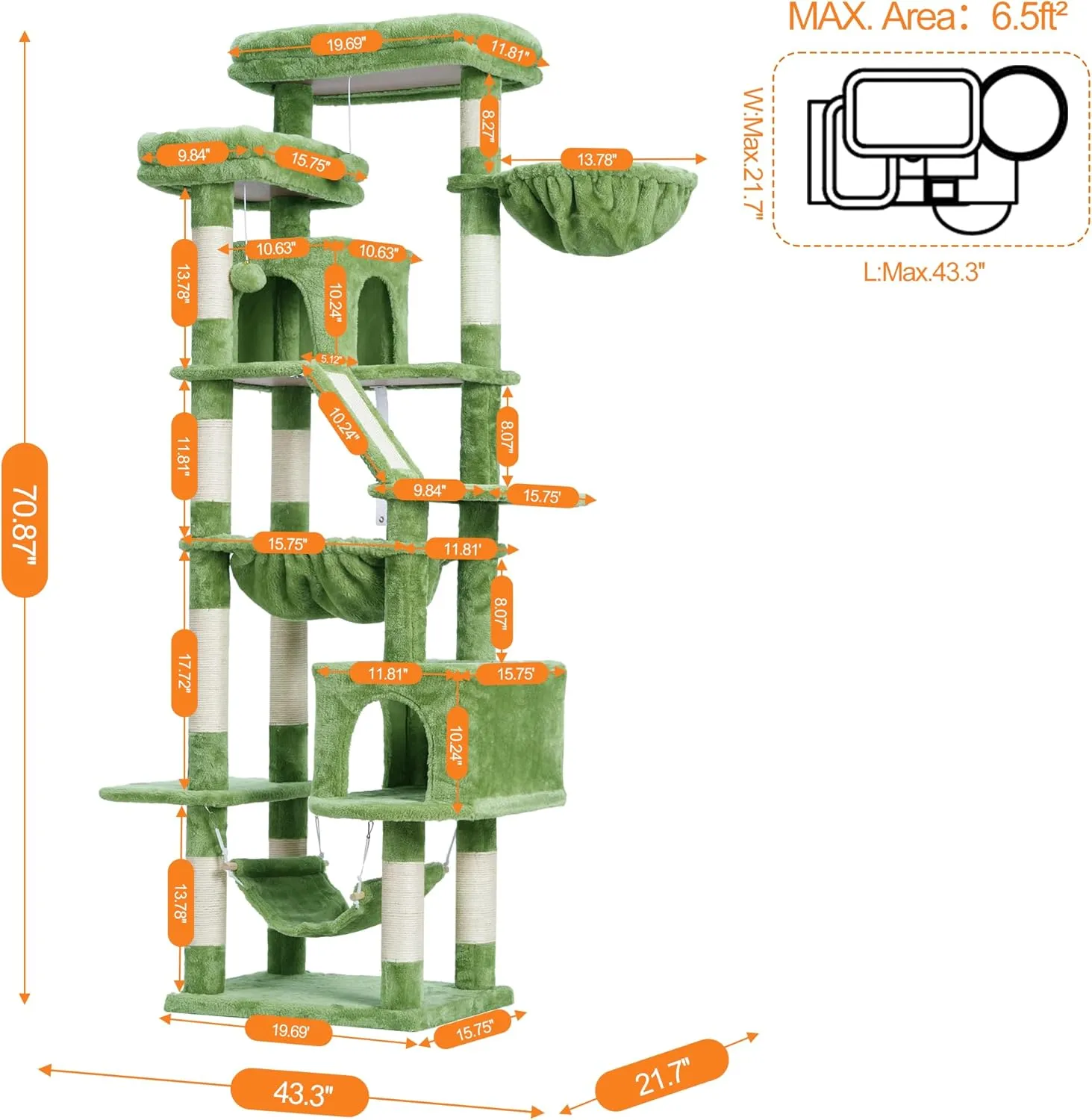 Heybly Cat Tree71-Inch Tall Tower for Indoor Cats with 2 Perches, 2 Big Condos, 2 Hammocks, Basket, Scratching PadLarge Cat Furniture and Condo, Green HCT034GR