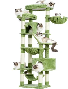 Heybly Cat Tree71-Inch Tall Tower for Indoor Cats with 2 Perches, 2 Big Condos, 2 Hammocks, Basket, Scratching PadLarge Cat Furniture and Condo, Green HCT034GR