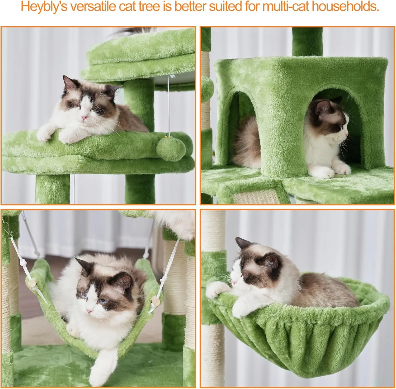 Heybly Cat Tree71-Inch Tall Tower for Indoor Cats with 2 Perches, 2 Big Condos, 2 Hammocks, Basket, Scratching PadLarge Cat Furniture and Condo, Green HCT034GR