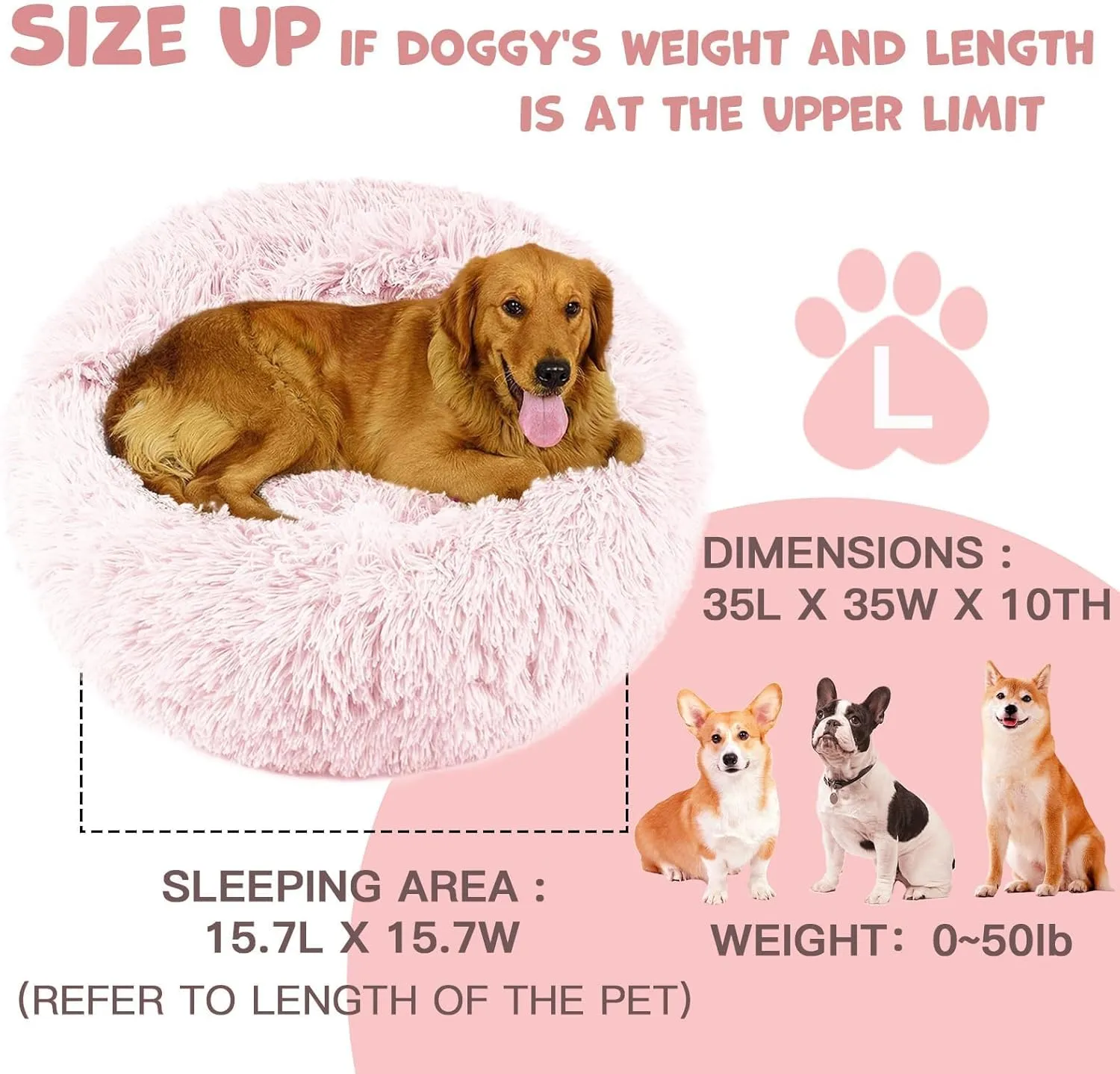 Himax Dog Beds for Large Dogs, Comfort Dogs Beds with Blanket Attached, Calming Anti-Anxiety Fluffy Dog Bed Washable (20"/26"/35") Pink