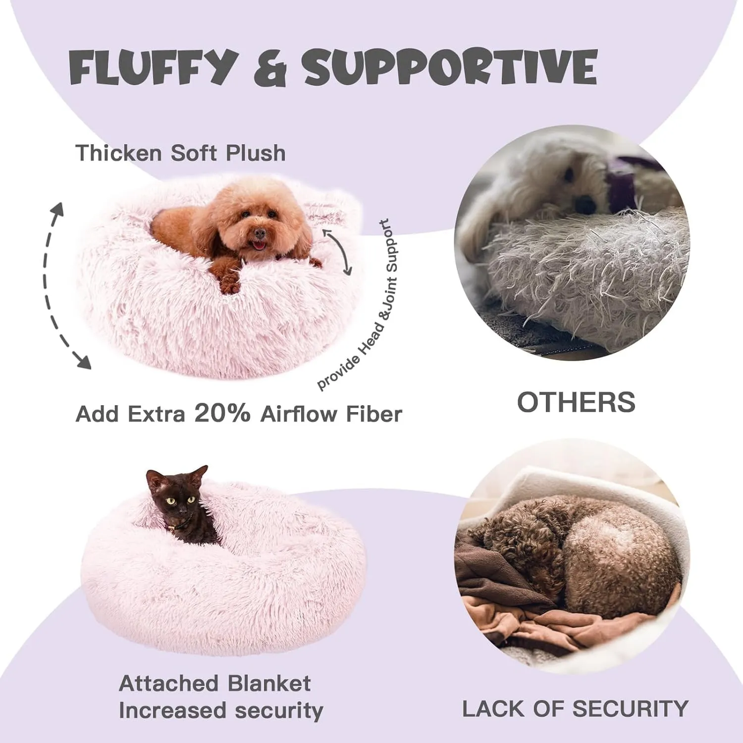Himax Dog Beds for Large Dogs, Comfort Dogs Beds with Blanket Attached, Calming Anti-Anxiety Fluffy Dog Bed Washable (20"/26"/35") Pink