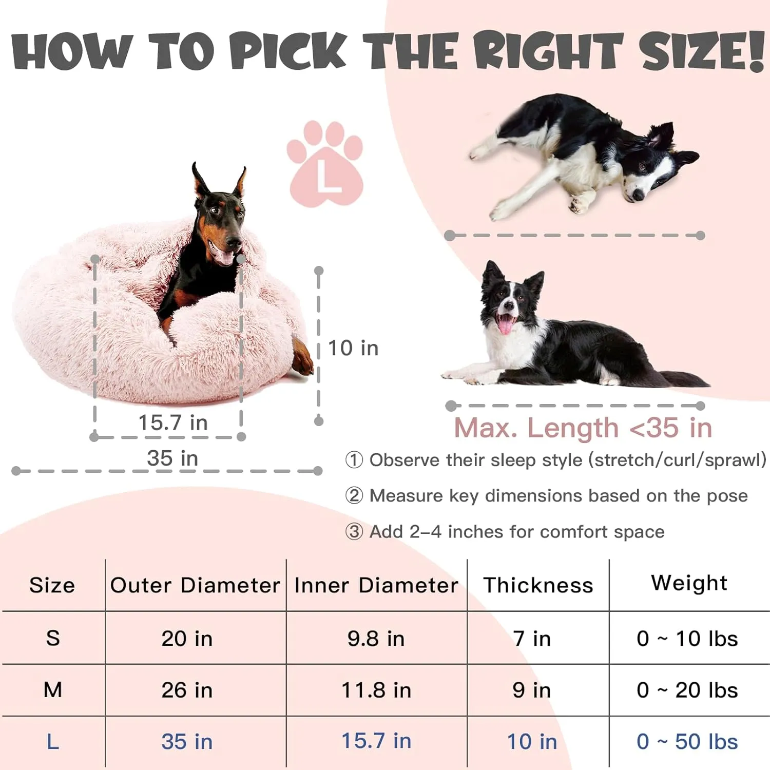 Himax Dog Beds for Large Dogs, Comfort Dogs Beds with Blanket Attached, Calming Anti-Anxiety Fluffy Dog Bed Washable (20"/26"/35") Pink