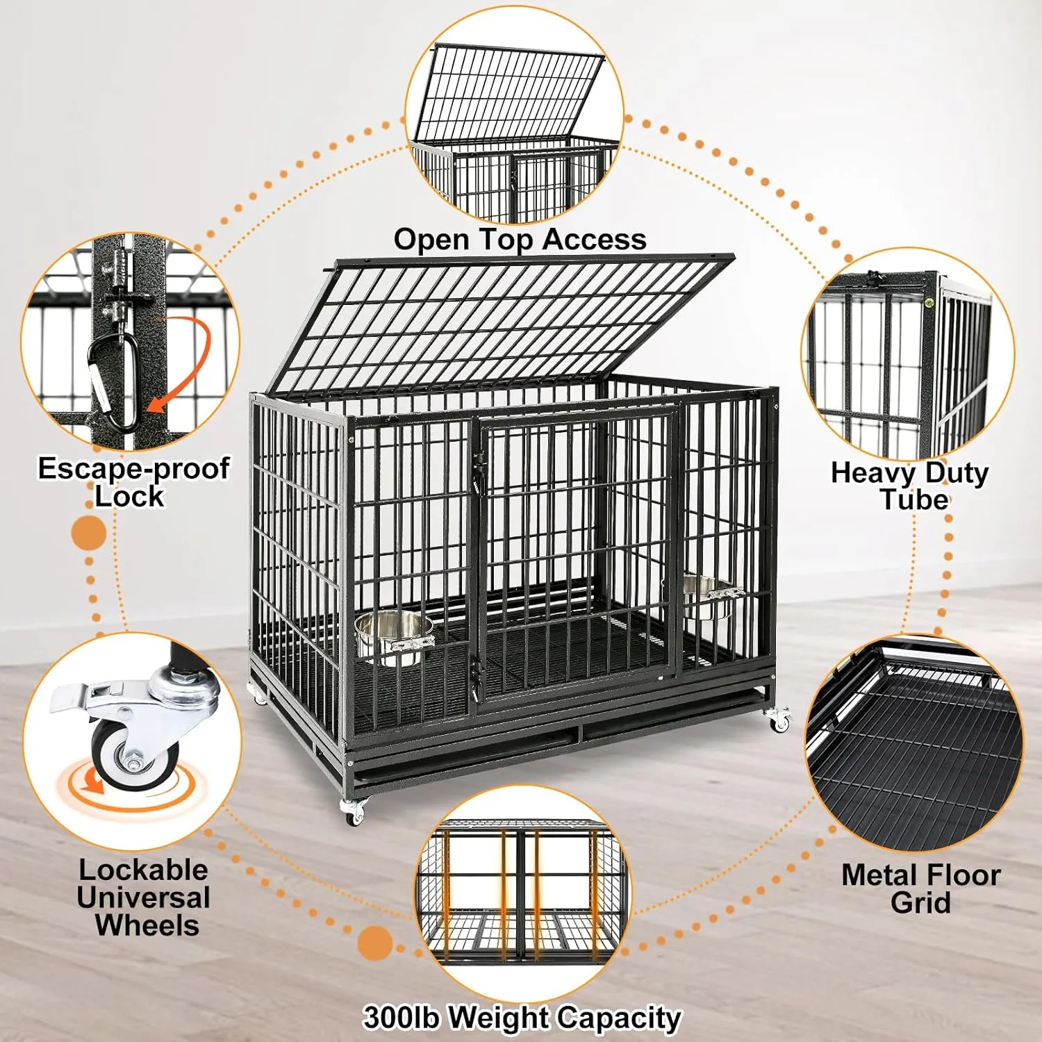 Homey Pet 48 Inch Heavy Duty Indestructible Dog Crate, Stackable Escape Proof Dog Cage Kennel Indoor with Two Removable Trays, Metal Grids, Wheels, Bowls, Double Doors for High Anxiety Large Dogs