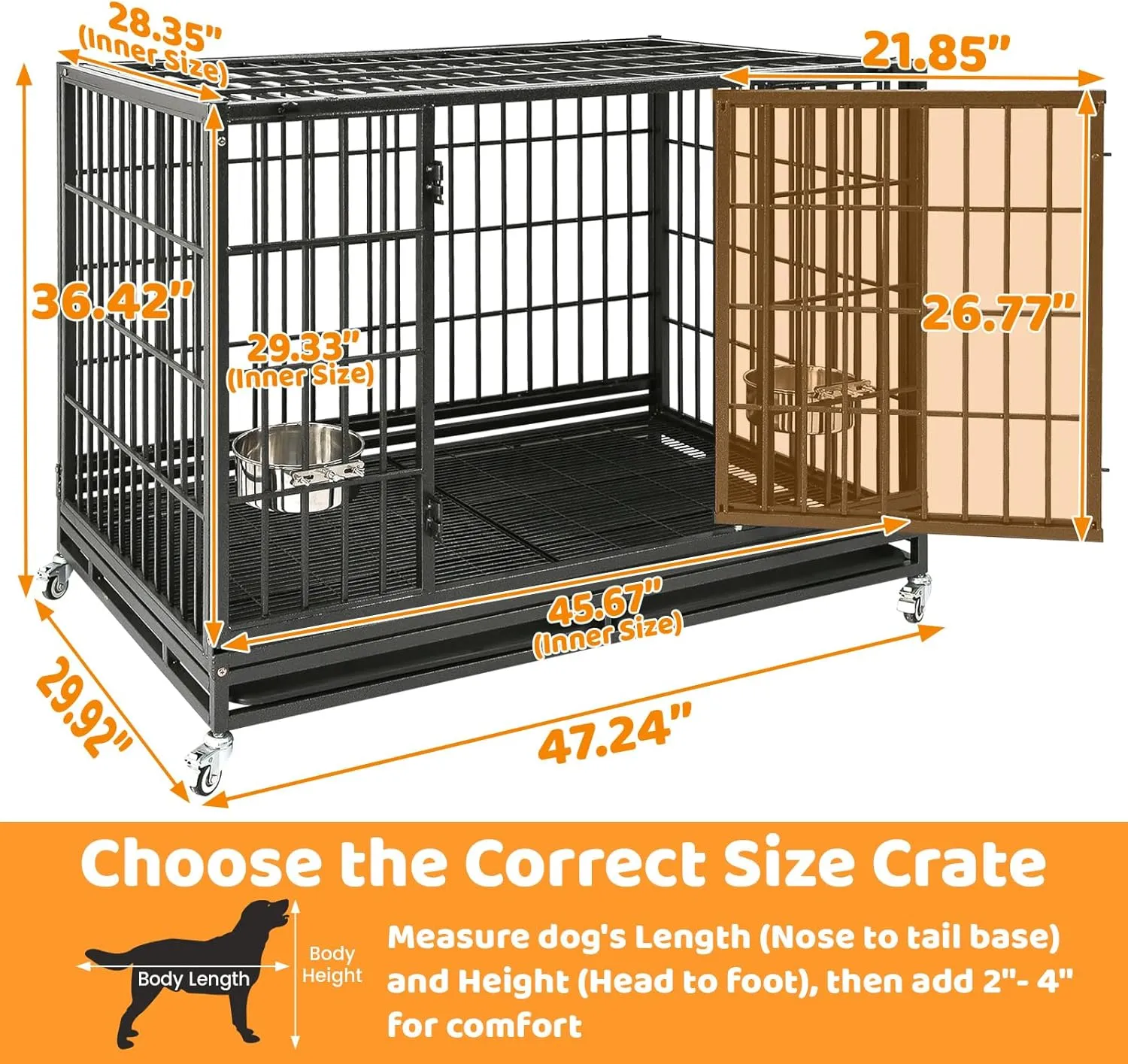 Homey Pet 48 Inch Heavy Duty Indestructible Dog Crate, Stackable Escape Proof Dog Cage Kennel Indoor with Two Removable Trays, Metal Grids, Wheels, Bowls, Double Doors for High Anxiety Large Dogs