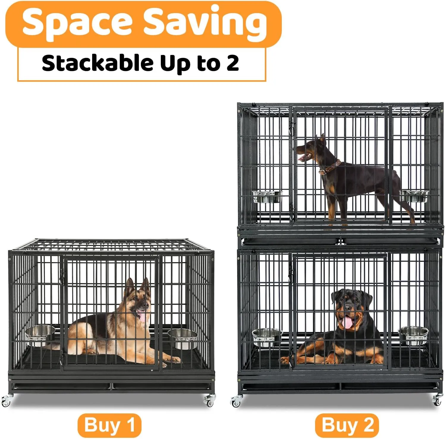 Homey Pet 48 Inch Heavy Duty Indestructible Dog Crate, Stackable Escape Proof Dog Cage Kennel Indoor with Two Removable Trays, Metal Grids, Wheels, Bowls, Double Doors for High Anxiety Large Dogs