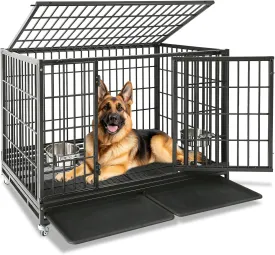 Homey Pet 48 Inch Heavy Duty Indestructible Dog Crate, Stackable Escape Proof Dog Cage Kennel Indoor with Two Removable Trays, Metal Grids, Wheels, Bowls, Double Doors for High Anxiety Large Dogs