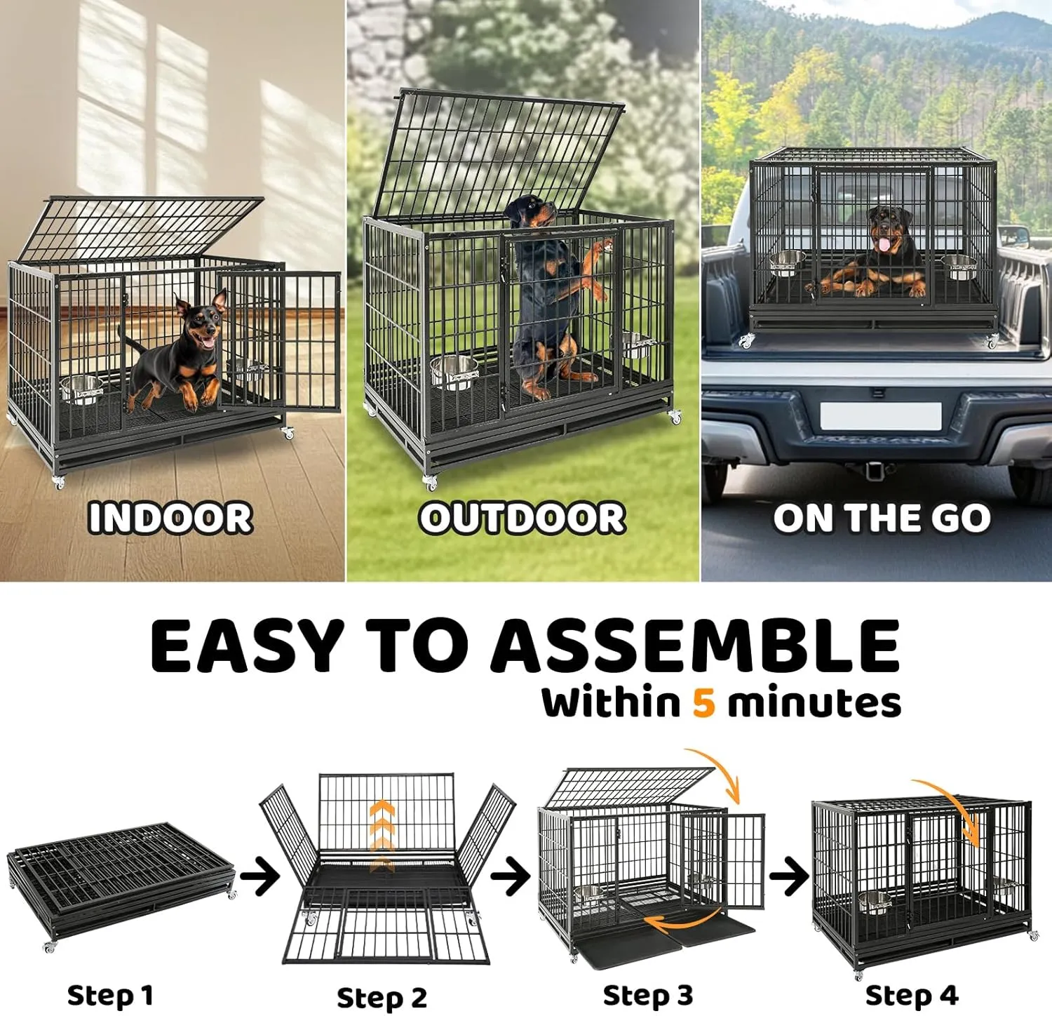 Homey Pet 48 Inch Heavy Duty Indestructible Dog Crate, Stackable Escape Proof Dog Cage Kennel Indoor with Two Removable Trays, Metal Grids, Wheels, Bowls, Double Doors for High Anxiety Large Dogs