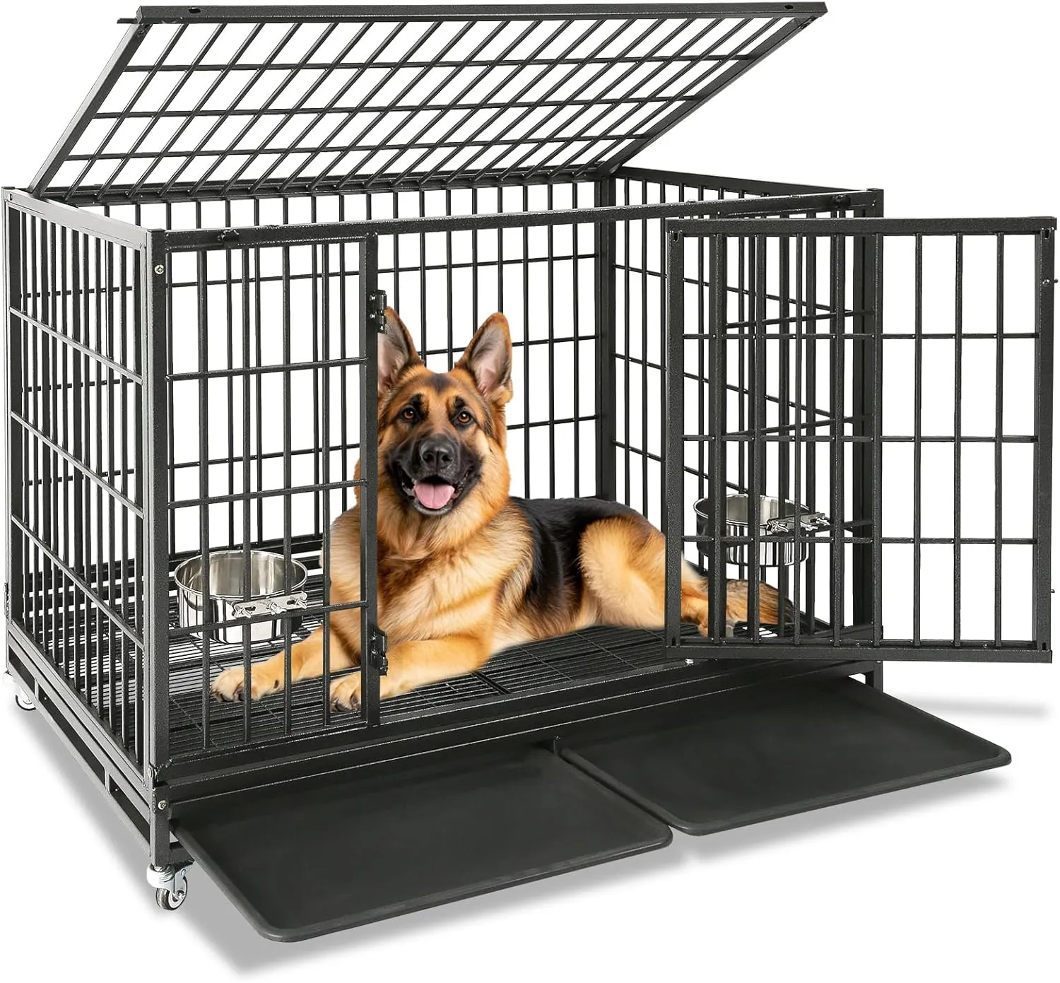 Homey Pet 48 Inch Heavy Duty Indestructible Dog Crate, Stackable Escape Proof Dog Cage Kennel Indoor with Two Removable Trays, Metal Grids, Wheels, Bowls, Double Doors for High Anxiety Large Dogs