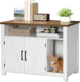 HOOBRO Cat Litter Box Enclosure, Farmhouse Wooden Cat Furniture with Scratch Pad, Storage Layer, Litter Box Furniture, End Side Table,White and Walnut, WH24MW01