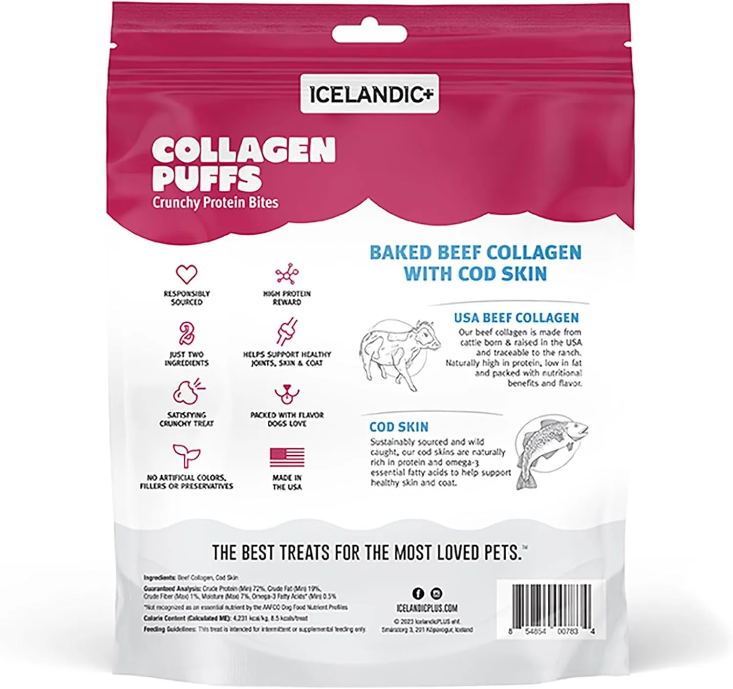 Icelandic  Collagen Puffs: Baked Beef Collagen with Cod Skin 2.5oz - Treats for Med-Lg Dogs, Crunchy Protein Bites