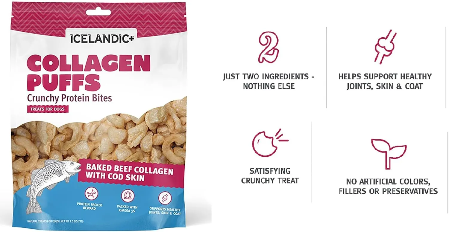 Icelandic  Collagen Puffs: Baked Beef Collagen with Cod Skin 2.5oz - Treats for Med-Lg Dogs, Crunchy Protein Bites