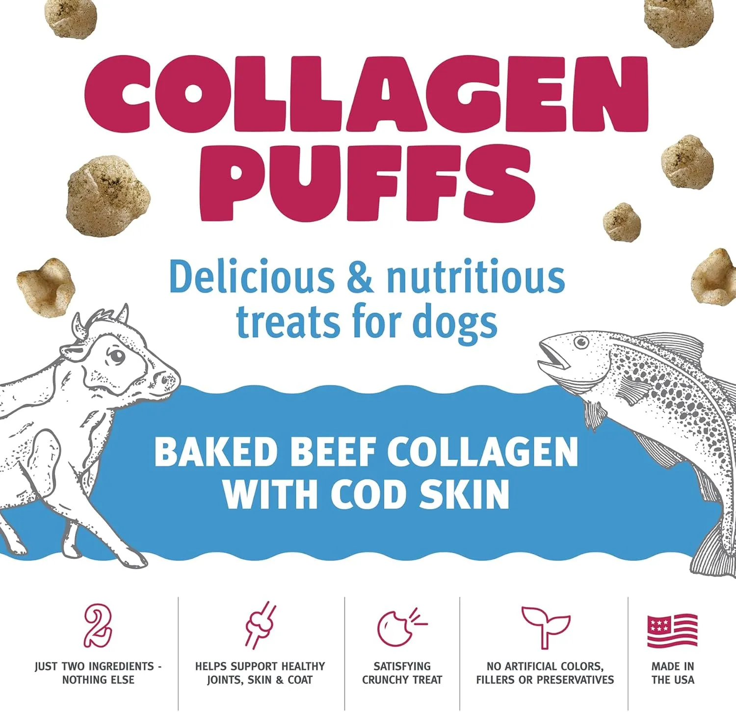 Icelandic  Collagen Puffs: Baked Beef Collagen with Cod Skin 2.5oz - Treats for Med-Lg Dogs, Crunchy Protein Bites