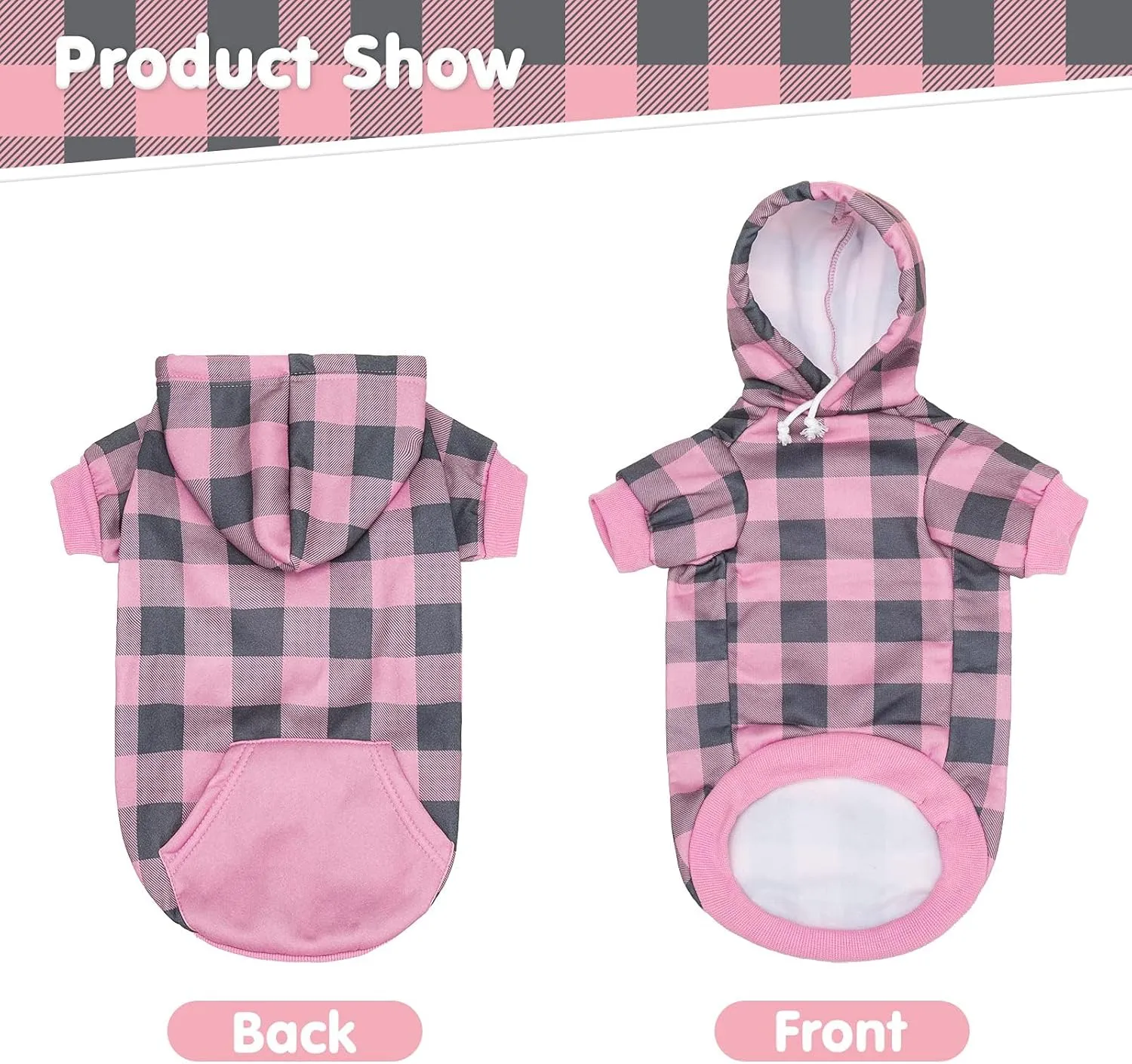 KOOLTAIL Plaid Dog Hoodie Pet Clothes Sweater with Hat and Pocket for Small Medium Large Size Dogs, Soft Winter Warm Dog Cold Weather Coat, Fleece Fall Dog Hooded Sweatshirt for Puppy Cats, Pink S