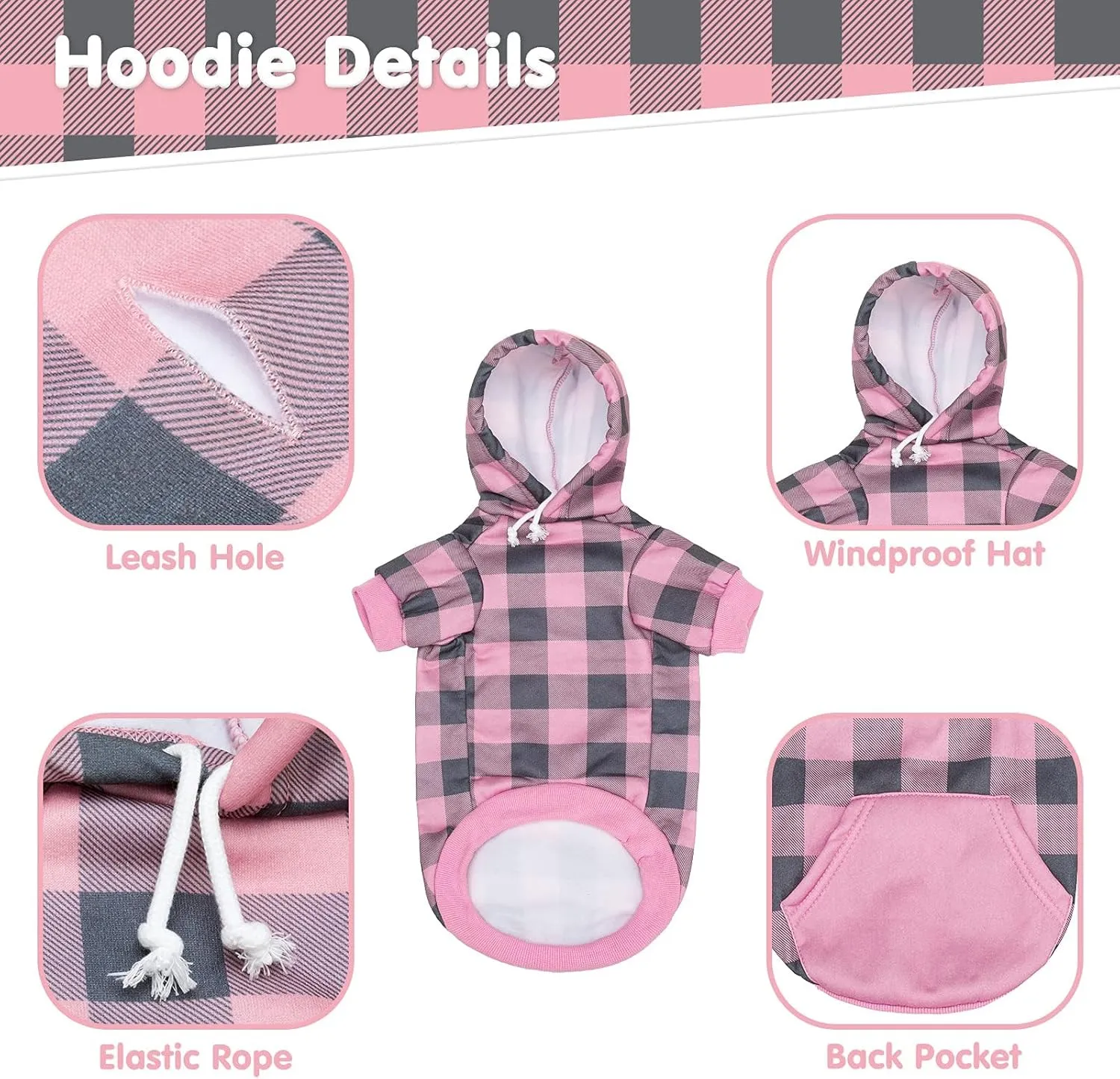 KOOLTAIL Plaid Dog Hoodie Pet Clothes Sweater with Hat and Pocket for Small Medium Large Size Dogs, Soft Winter Warm Dog Cold Weather Coat, Fleece Fall Dog Hooded Sweatshirt for Puppy Cats, Pink S