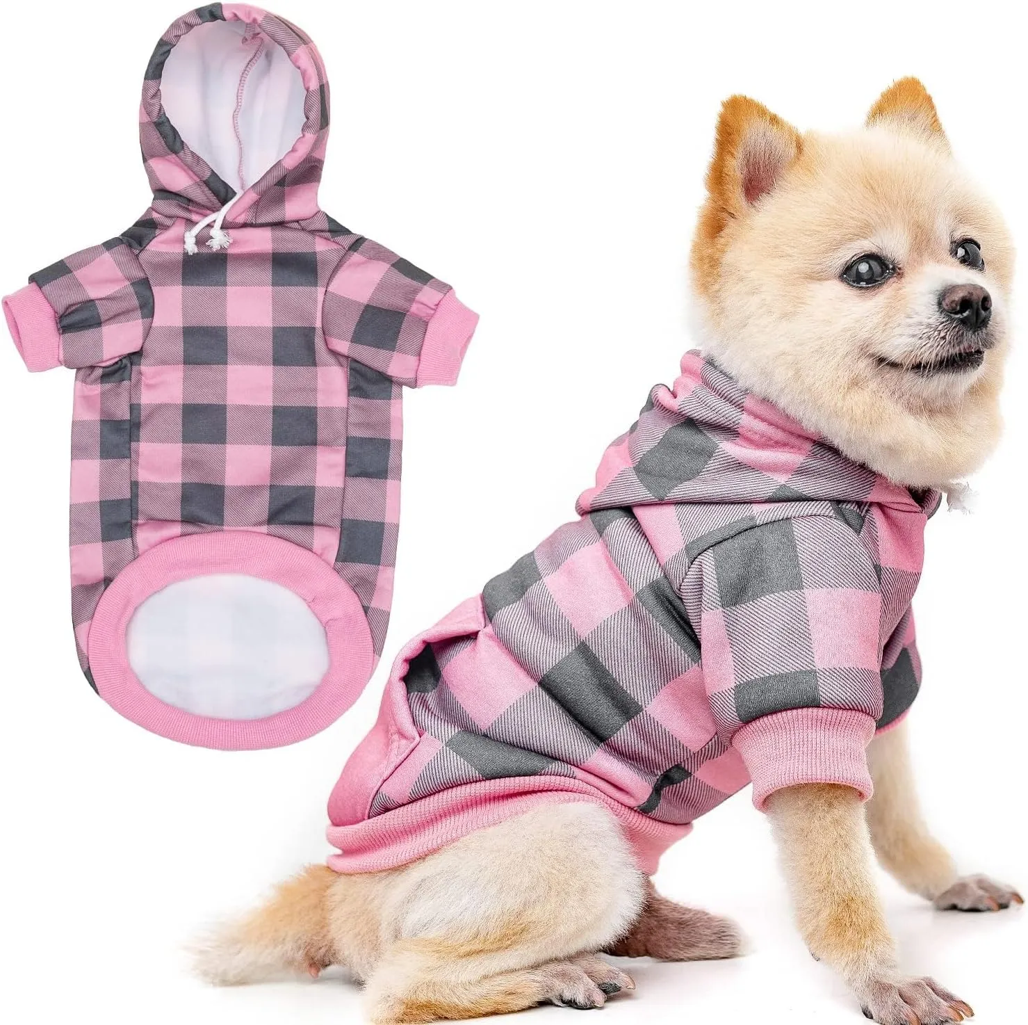 KOOLTAIL Plaid Dog Hoodie Pet Clothes Sweater with Hat and Pocket for Small Medium Large Size Dogs, Soft Winter Warm Dog Cold Weather Coat, Fleece Fall Dog Hooded Sweatshirt for Puppy Cats, Pink S