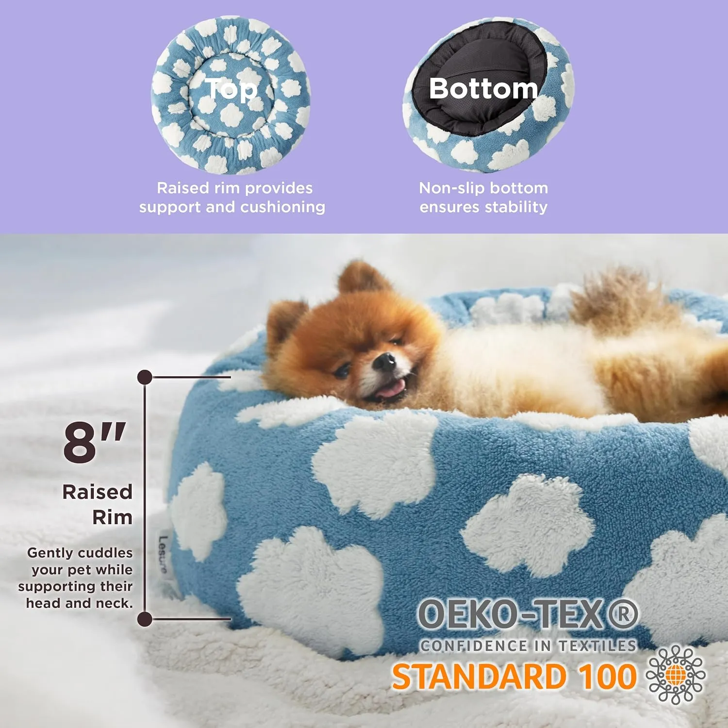 Lesure Donut Dog Beds for Small Dogs - Round Cat Beds for Indoor Cats for Calming Pet with Washable Cover, Cute Modern Beds with Jacquard Shaggy Plush & Anti Slip Bottom, 23 Inch, Blue