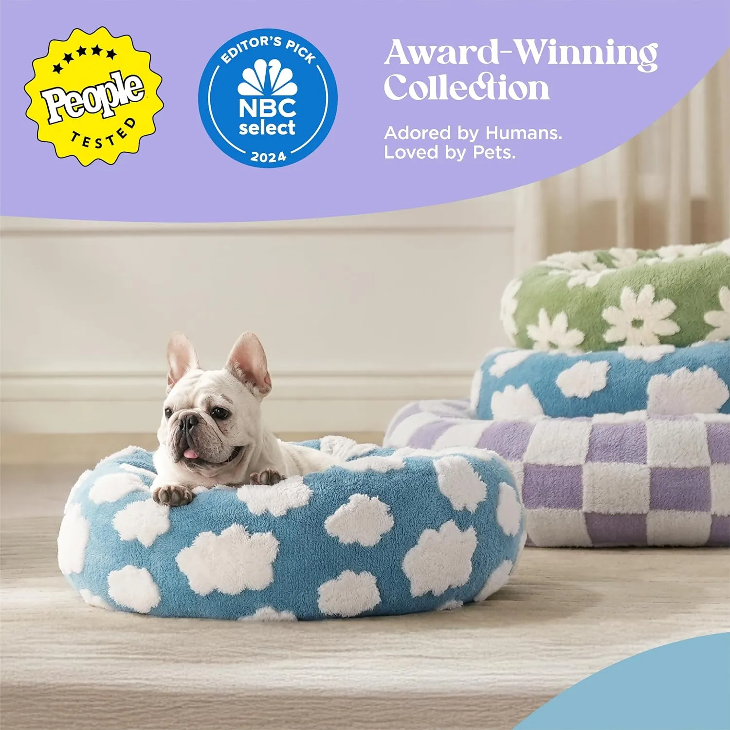 Lesure Donut Dog Beds for Small Dogs - Round Cat Beds for Indoor Cats for Calming Pet with Washable Cover, Cute Modern Beds with Jacquard Shaggy Plush & Anti Slip Bottom, 23 Inch, Blue