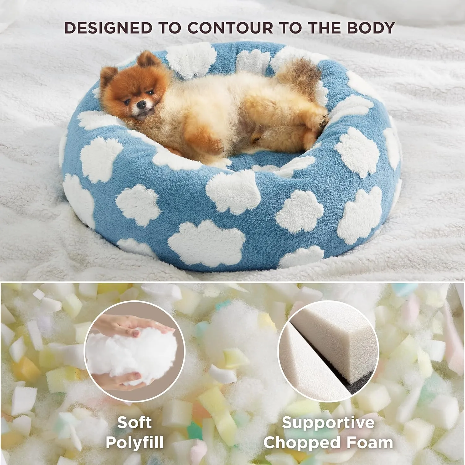 Lesure Donut Dog Beds for Small Dogs - Round Cat Beds for Indoor Cats for Calming Pet with Washable Cover, Cute Modern Beds with Jacquard Shaggy Plush & Anti Slip Bottom, 23 Inch, Blue