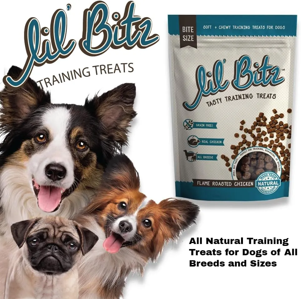 Lil' Bitz Flame Roasted Chicken Training Treats for All Dog Breeds - Low Calories, Grain Free, Natural Ingredients, NASC Compliance - Perfect Reward for Dogs of Every Size (4 oz)