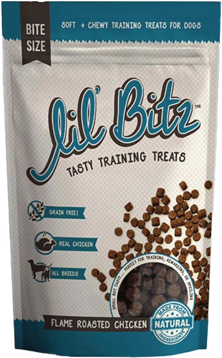 Lil' Bitz Flame Roasted Chicken Training Treats for All Dog Breeds - Low Calories, Grain Free, Natural Ingredients, NASC Compliance - Perfect Reward for Dogs of Every Size (4 oz)