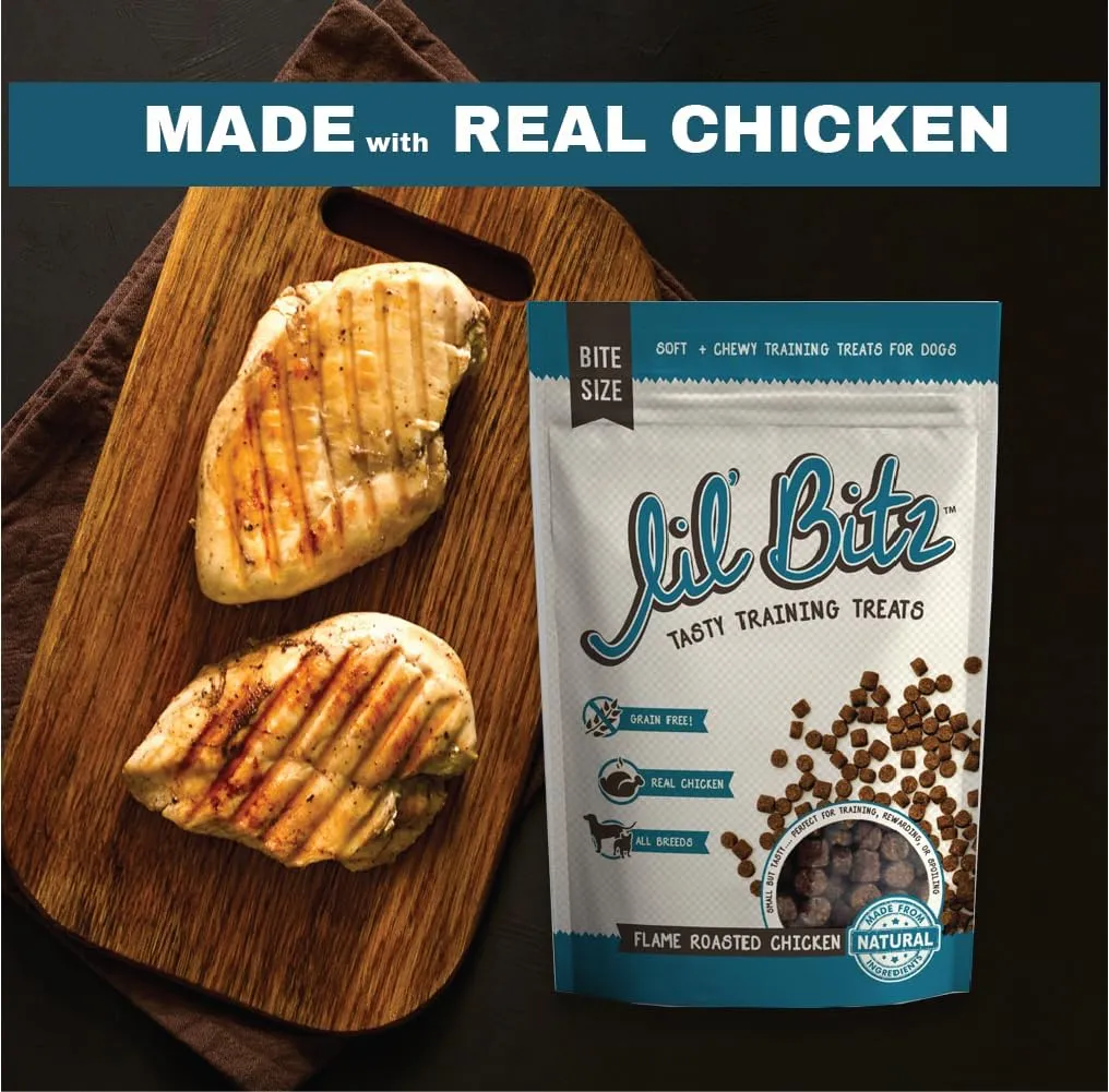 Lil' Bitz Flame Roasted Chicken Training Treats for All Dog Breeds - Low Calories, Grain Free, Natural Ingredients, NASC Compliance - Perfect Reward for Dogs of Every Size (4 oz)