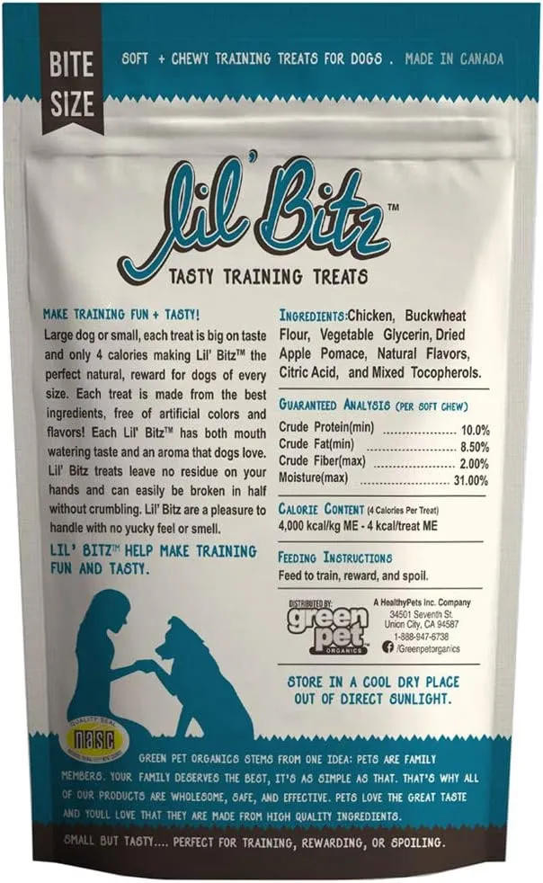 Lil' Bitz Flame Roasted Chicken Training Treats for All Dog Breeds - Low Calories, Grain Free, Natural Ingredients, NASC Compliance - Perfect Reward for Dogs of Every Size (4 oz)