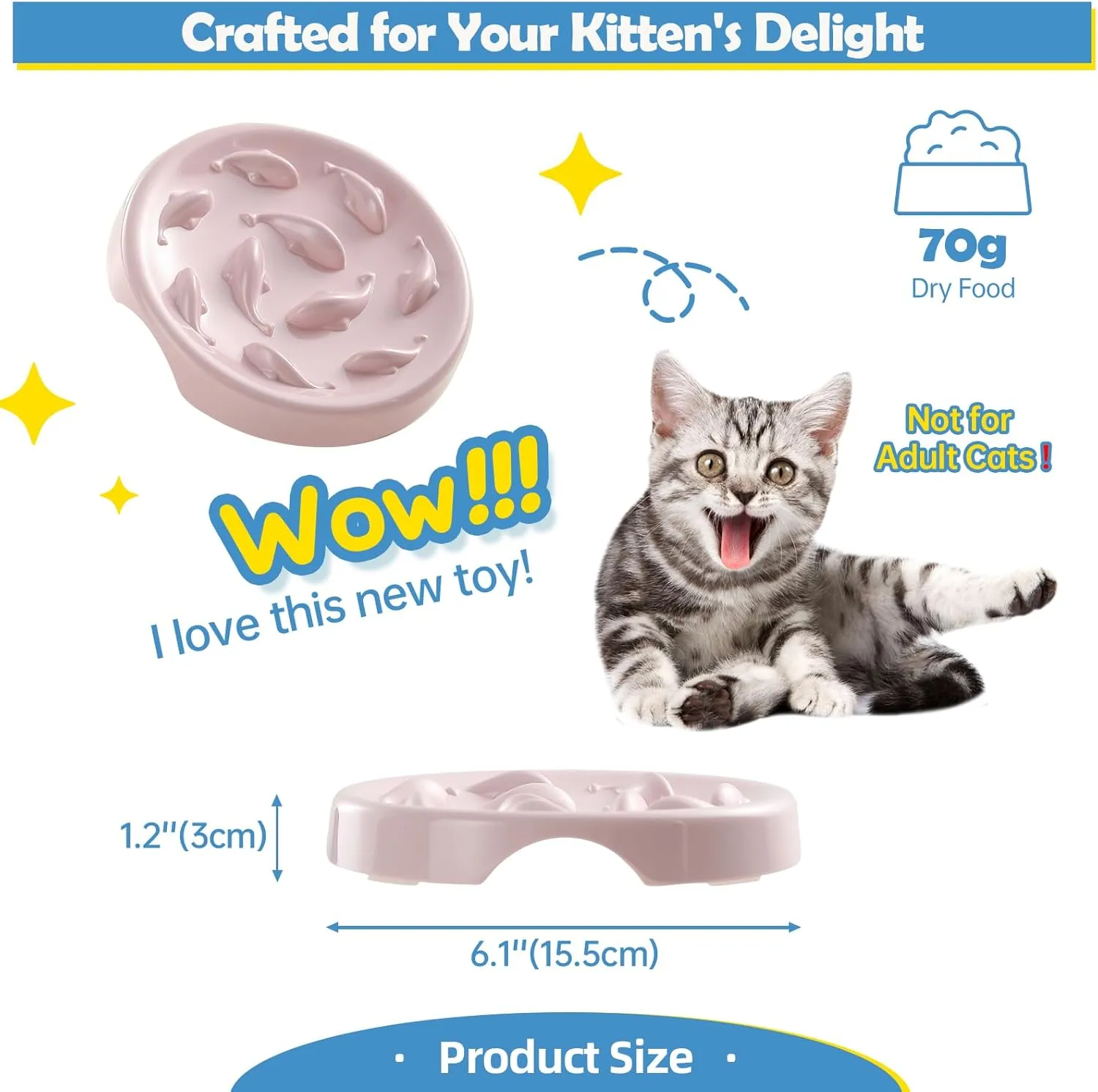 Melamine Slow Feeder Cat Bowl - Small Cat Food Dish - Fun Interactive Maze Design - Anti Vomiting - Pet Comfort Eating - Dishwasher Safe - 6.1''W x 1.2''H