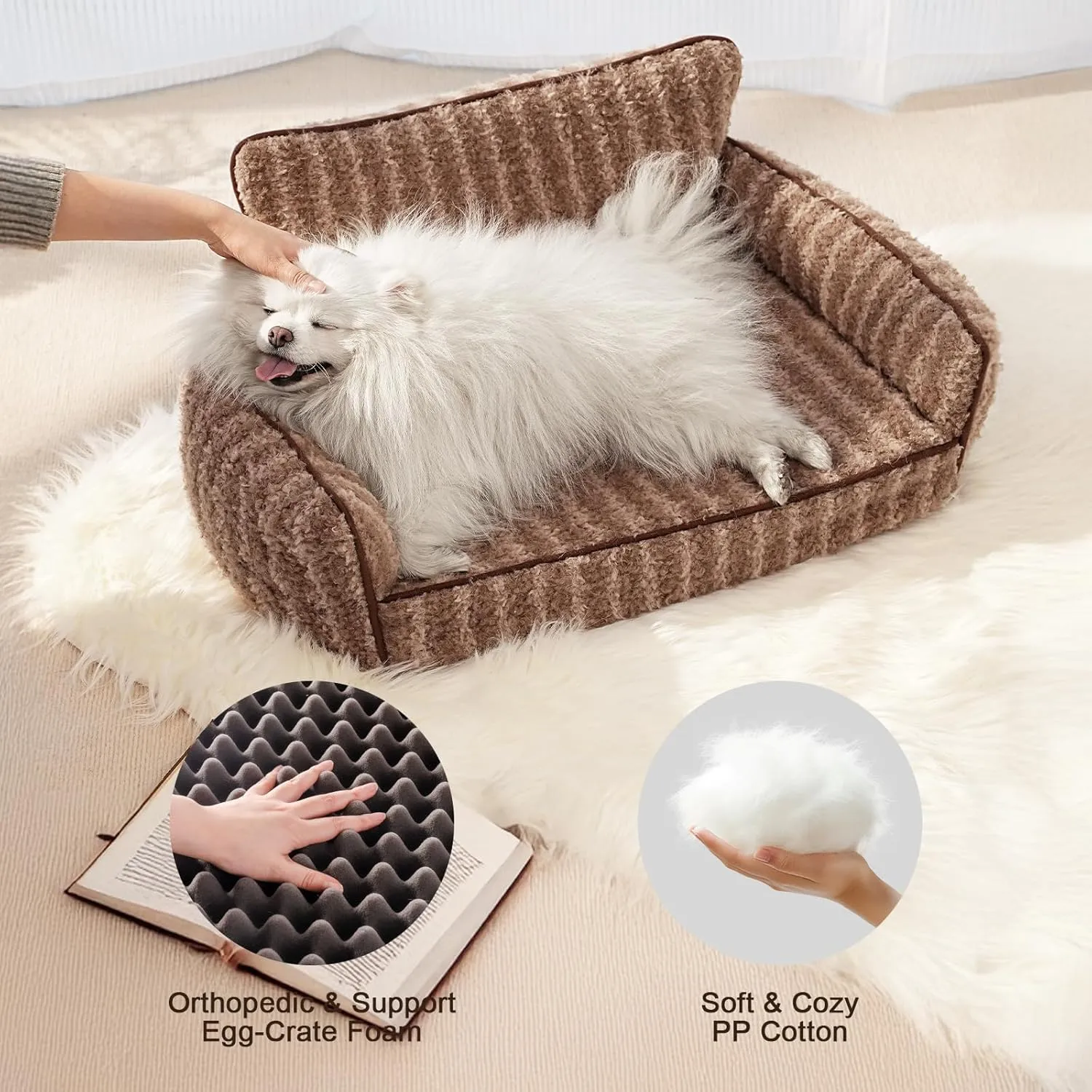 Mewoo Cat Beds for Indoor Cats, Cute Cat Couch Orthopedic Small Dog Bed with Removable Washable Cover, Dog Beds for Small Dogs Pet Couch with Non-Slip Bottom (26.0" L x 19.0" W x 11.8" Th, Brown)