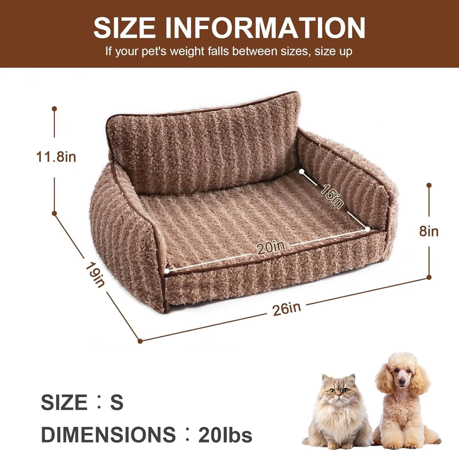 Mewoo Cat Beds for Indoor Cats, Cute Cat Couch Orthopedic Small Dog Bed with Removable Washable Cover, Dog Beds for Small Dogs Pet Couch with Non-Slip Bottom (26.0" L x 19.0" W x 11.8" Th, Brown)