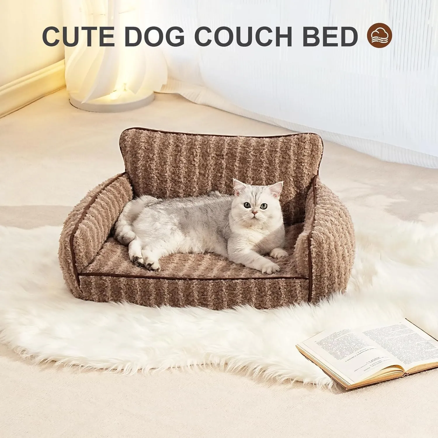 Mewoo Cat Beds for Indoor Cats, Cute Cat Couch Orthopedic Small Dog Bed with Removable Washable Cover, Dog Beds for Small Dogs Pet Couch with Non-Slip Bottom (26.0" L x 19.0" W x 11.8" Th, Brown)