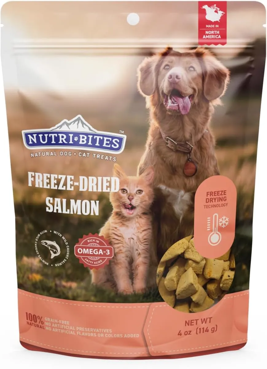 Nutri Bites Freeze Dried Salmon Dog & Cat Treats 4 oz | Healthy Pet Training Treats or Food Topper | All Natural, 1 Single Animal Protein, High Protein
