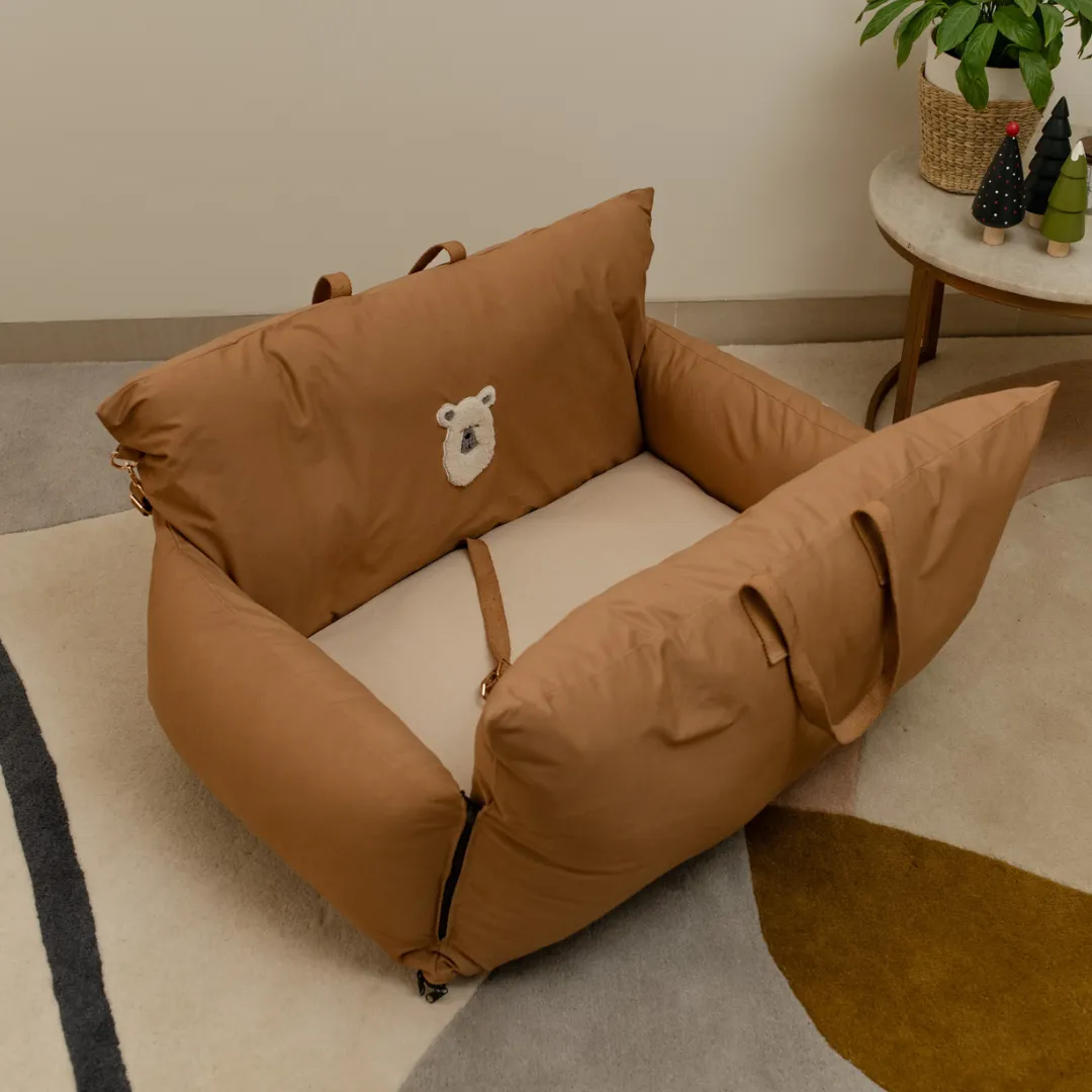 OAK BOHO Dog Holiday Travel Bed Large : Brown Cotton Bear Applique